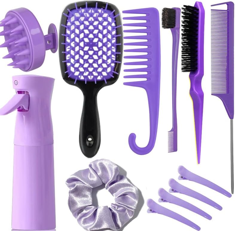 12 Pcs Hair Brush Set with Continuous Hair Spray Bottle for Women, Rat Tail Combs for Toddlers, Soft Scalp Massager, Detangling Hairbrush for Wet Dry Curly Hair (Purple)