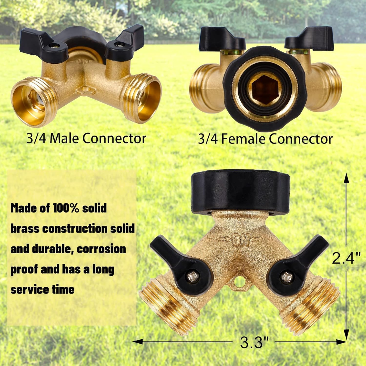 Garden Hose Splitter 2 Way, Heavy Duty Brass Connector Tap Splitter, Y Splitter 2 Valves with 2 Quick Connectors Adaptors and 4 Extra Rubber Washers image number 1