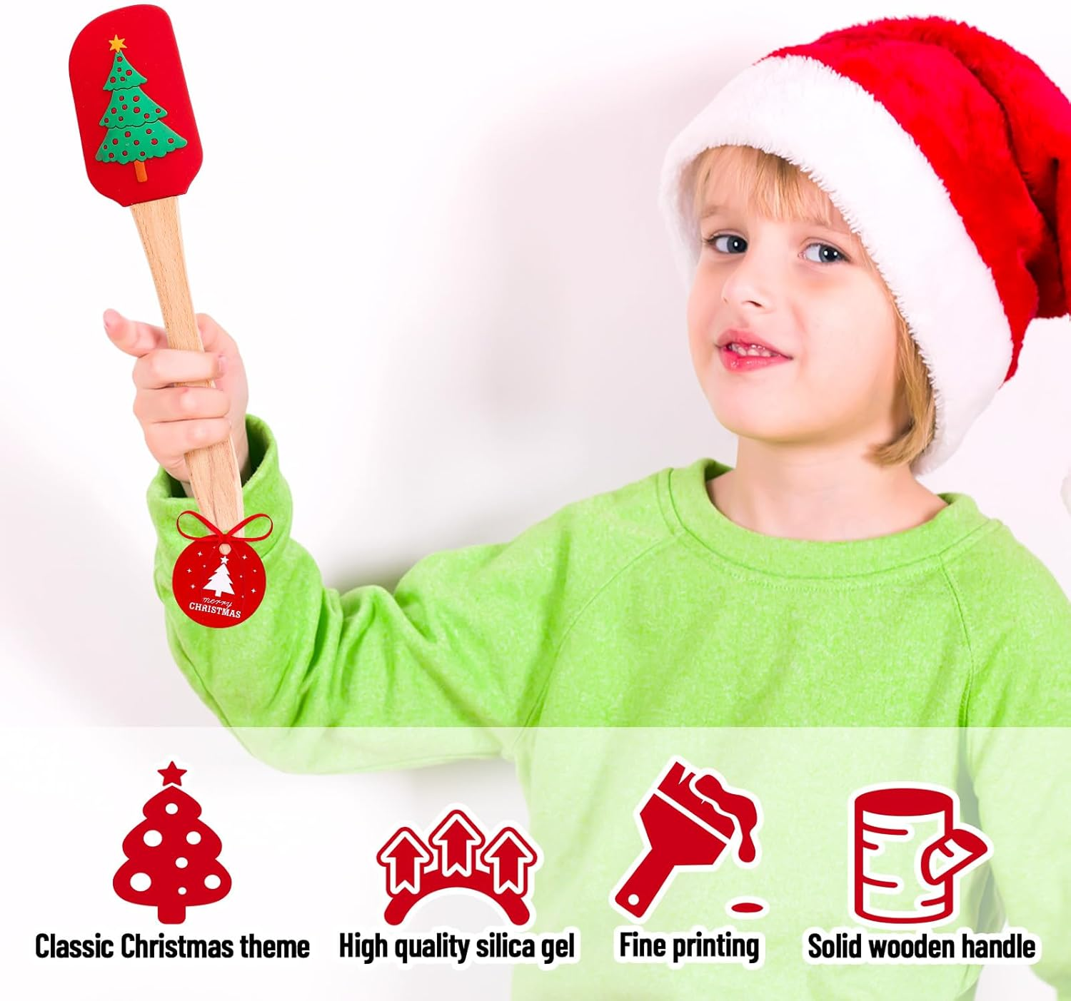 Whaline 10Pcs Christmas Silicone Spatula Xmas Tree Santa Spatula with Wooden Handle Xmas Snowman Dish Pan Scraper Cute Pancake Spatula with Tag & Ribbon for Kitchen Baking Mixing Cooking image number 3