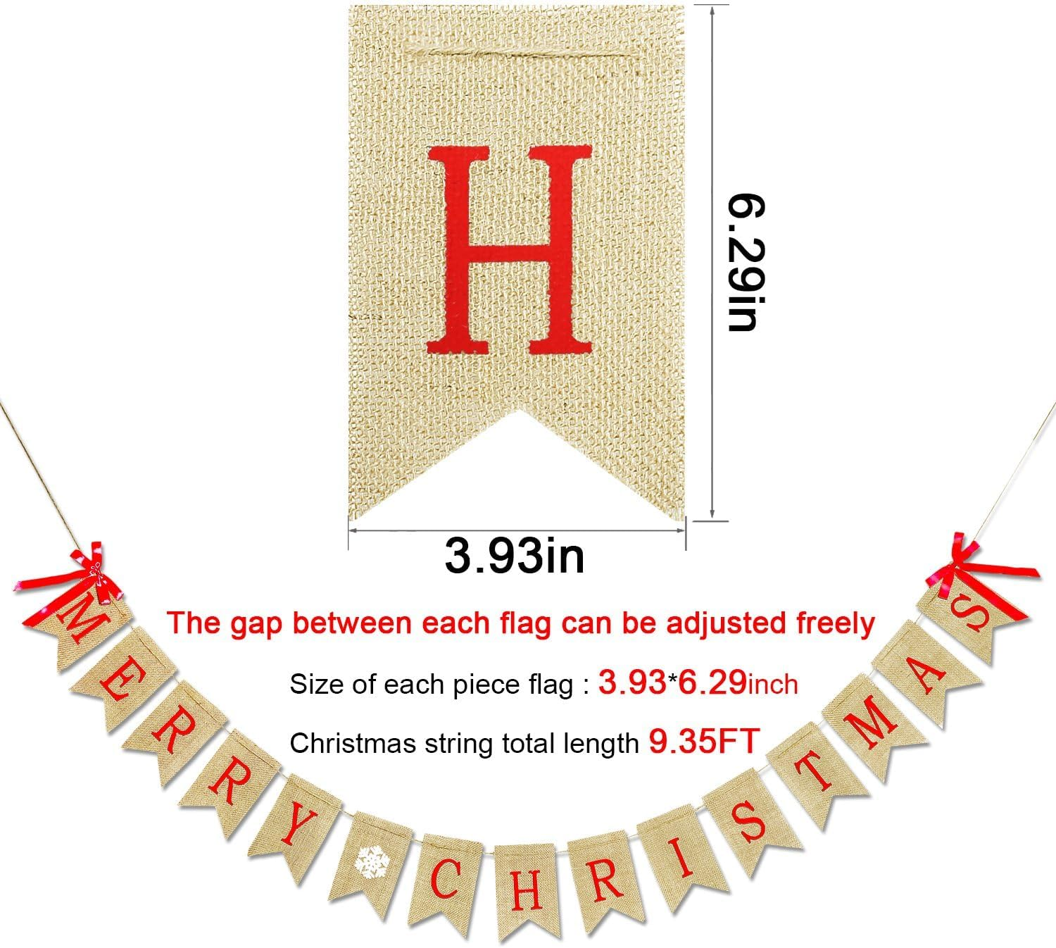 Merry Christmas Burlap Banner, Red with Brown Accents, 9.35FT Straight Christmas Banner