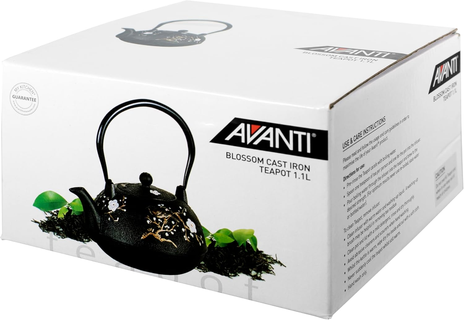 Avanti Cherry Blossom Cast Iron Teapot, Black, 1.1 Litre with Stainless Steel Infuser