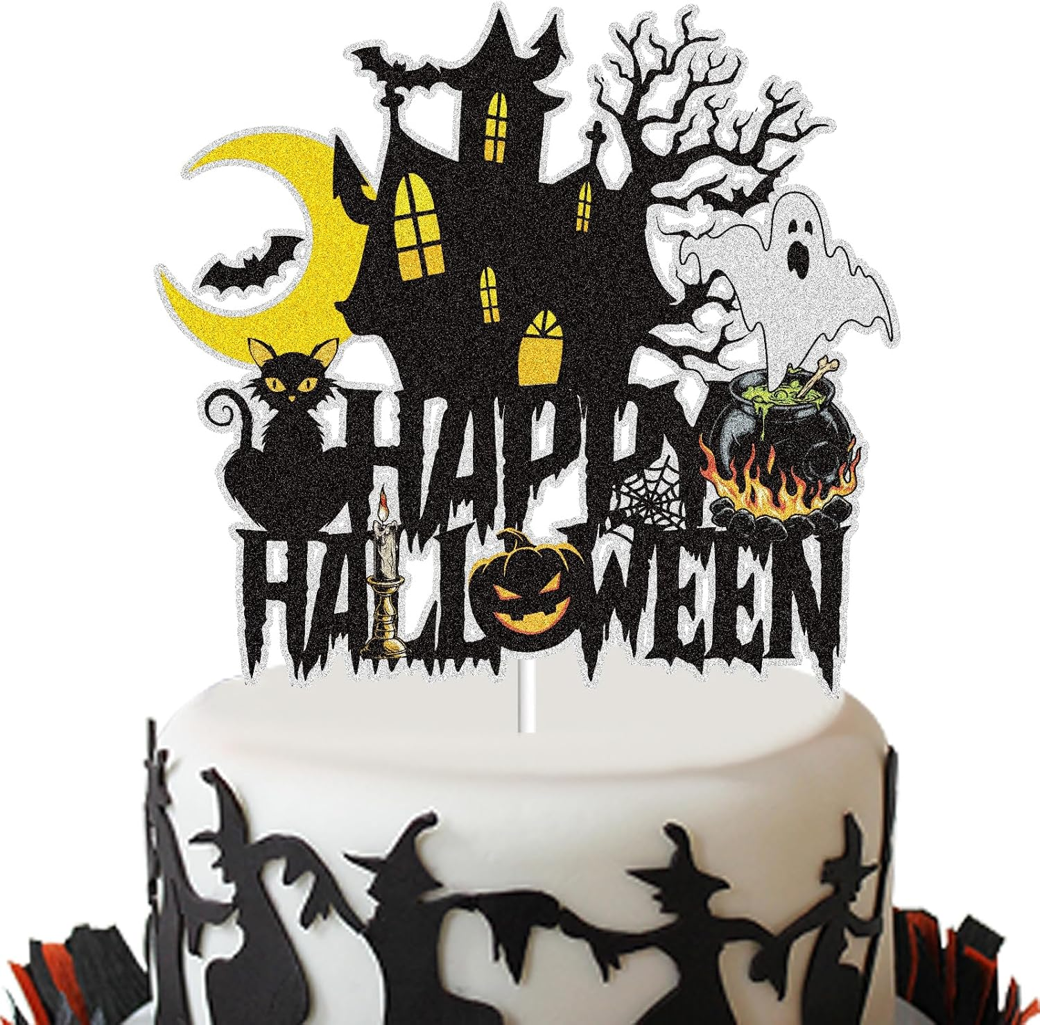 Happy Halloween Cake Topper Halloween Holiday Decorations Black Glitter Ghost House Pumpkin Moon Bat Themed Halloween Party Decoration Supplies