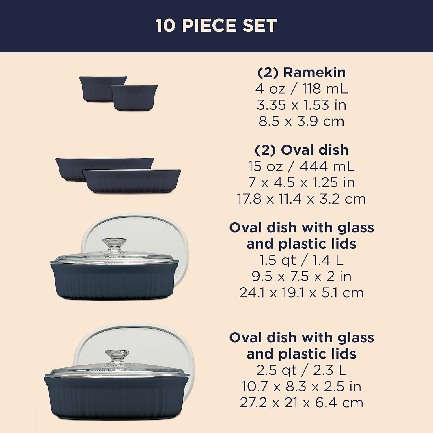 Corningware French White Bakeware 10-Piece Set &ndash; Durable Stoneware for Even Baking and Versatile Oven-To-Table Dishes &ndash; Includes Glass and Bpa-Free Plastic Lids &ndash; French Navy image number 6