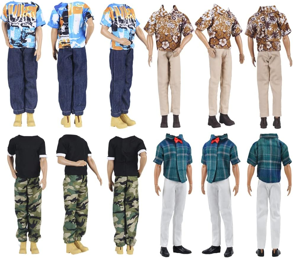 E-TING 10-Item Trench Coat Dating Clothes Pack = 5 Sets Fashion Casual Wear Clothing Outfit +5 Pairs Shoes for 12" Dolls (Random Style, Khaki Long Jacket Overcoat + Casual Wear +Swim Trunks) image number 2