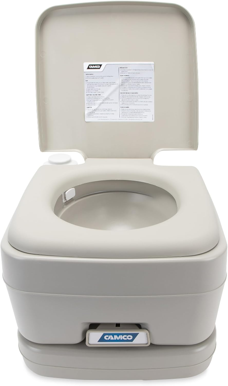 Camco Portable Travel Toilet - Features Bellow-Type Flush and Sealing Slide Valve to Lock-In Odors and Protect against Leakage-| Lightweight and Compact, 2.6 Gallon (41531)