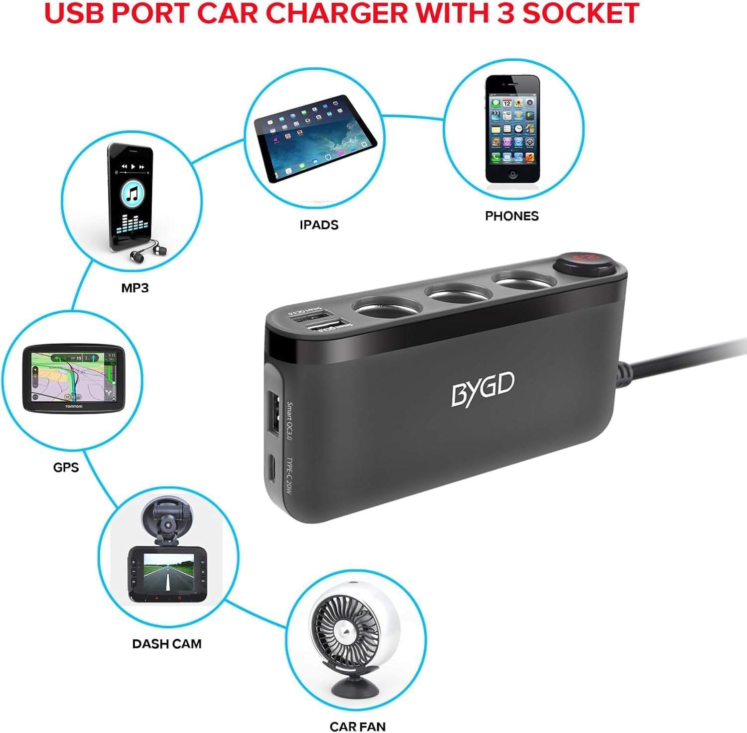 Quick Charge 3.0 and USB C Charger 20W Car Cigarette Lighter Adapter 200W High Power 12V/24V Car Splitter with 3 Socket Cigarette Lighter Splitter with Multifunction Charger image number 1