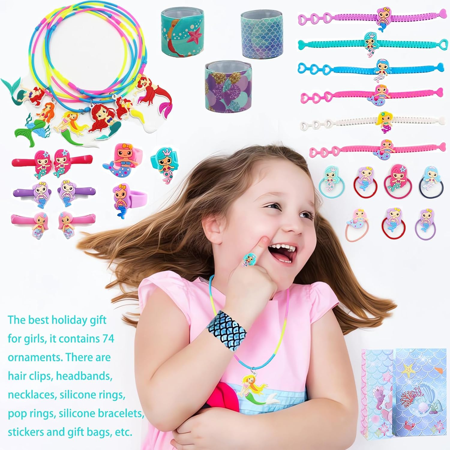 74Pcs Mermaid Party Favors Kit, Party Gifts for Children Birthday, Mermaid Slap Bracelets Necklace Bags Rings Hair Clips Etc - for Girls Party Birthday Return Gift Prizes Box image number 3
