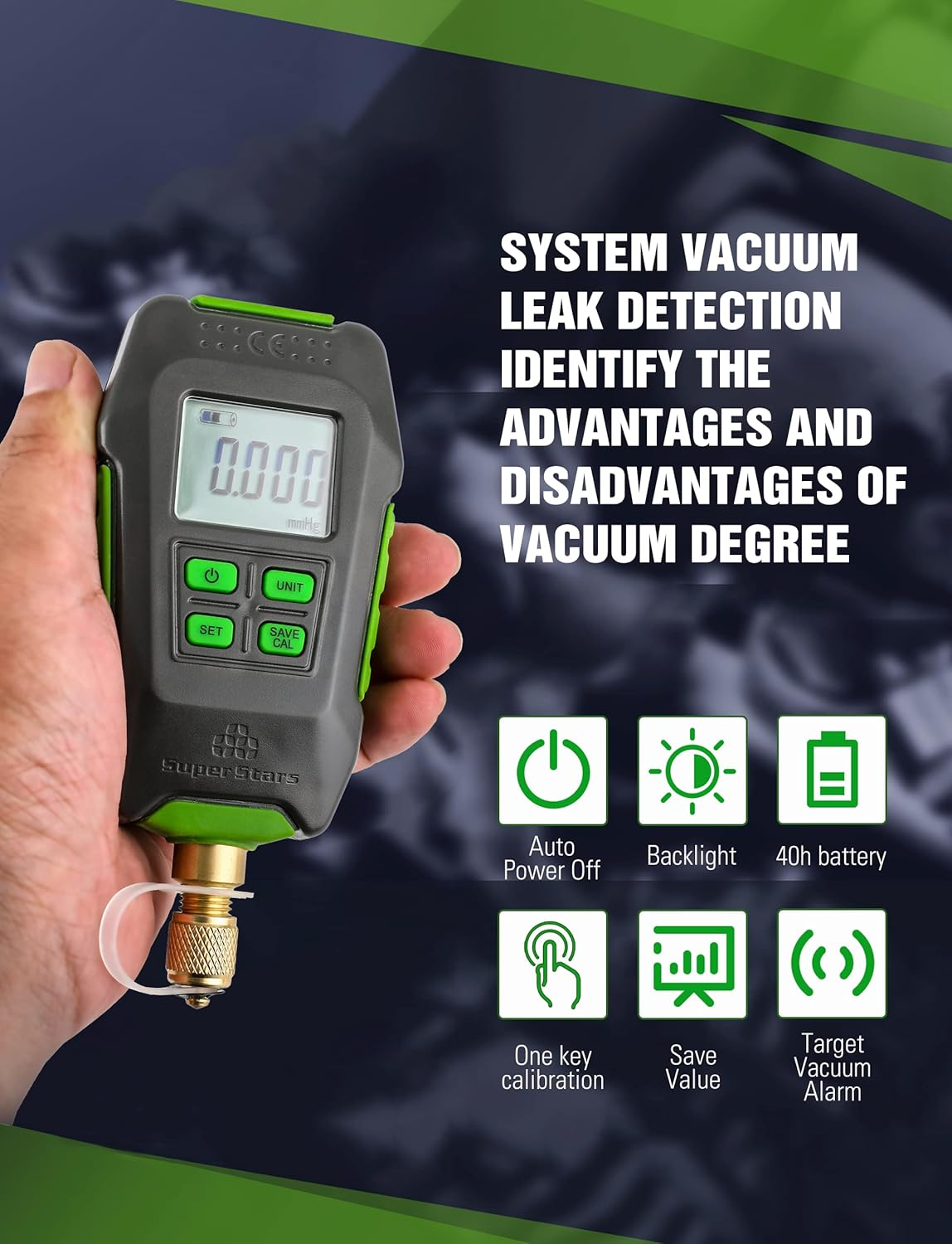 Digital Micron Vacuum Gauge 1/4" SAE, Digital Pressure Tester Meter HVAC, Alarm Notice, Temp Compensation, LCD Display, 4 Units image number 4