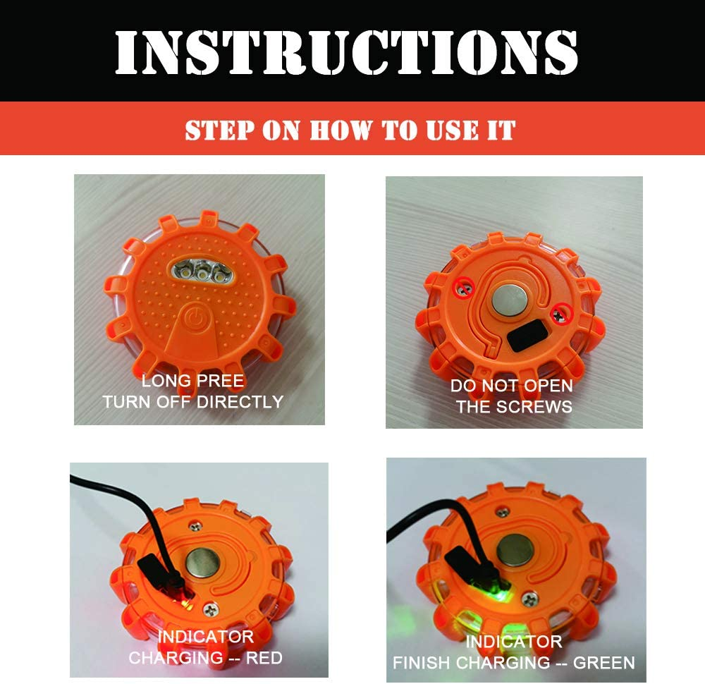 USB Rechargeable LED Road Flares Emergency Lights-Roadside Warning Car Safety Beacon Flashing Disc Flare Kit with Magnetic Base for Vehicles & Boat | 6 Pack image number 4