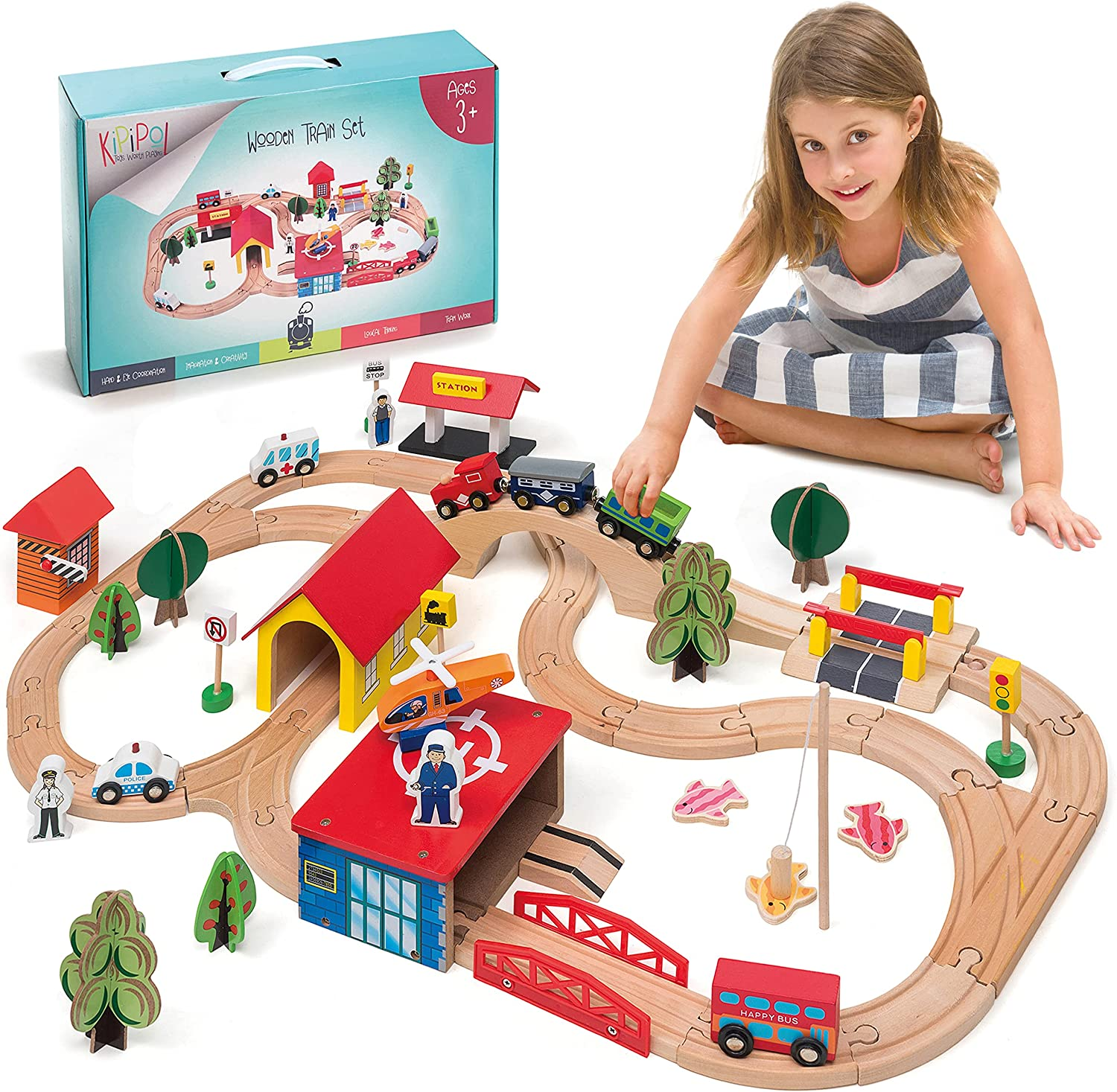 Wooden Train Tracks Set for Kids, Toddler Boys and Girls 3, 4, 5 Years Old and up - 69 Pieces &ndash; Premium Wood Construction Toys - Fits Thomas, Brio, IKEA, Imaginarium, Melissa and Doug image number 5