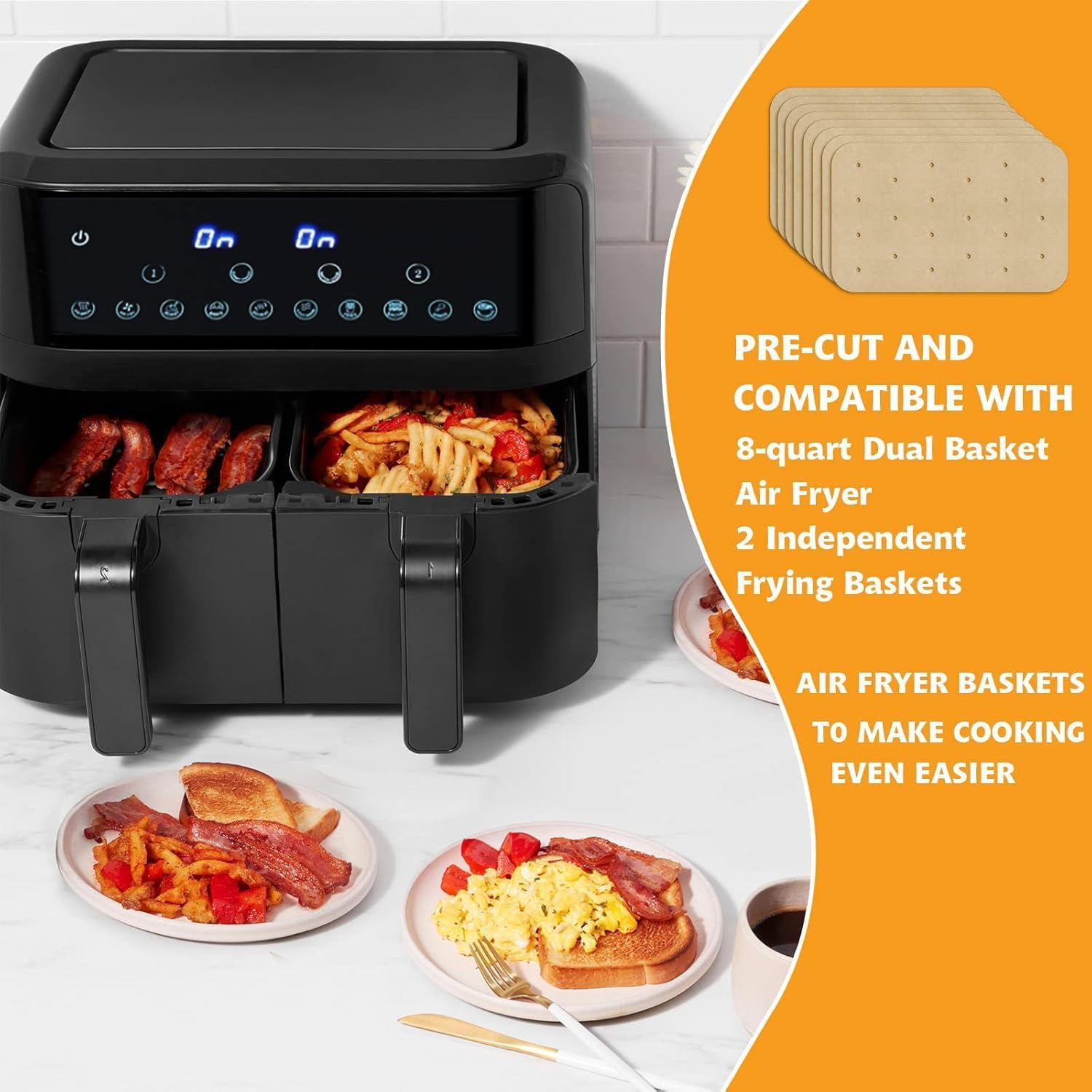 200Pcs Air Fryer Liners,Air Fryer Parchment Disposable Paper Liners for Ninja Foodi Dualzone 2-Basket Air Fryer DZ201 DZ401, Rectangle Non-Stick Perforated Baking Paper Airfryer Liners for Dual Basket image number 3