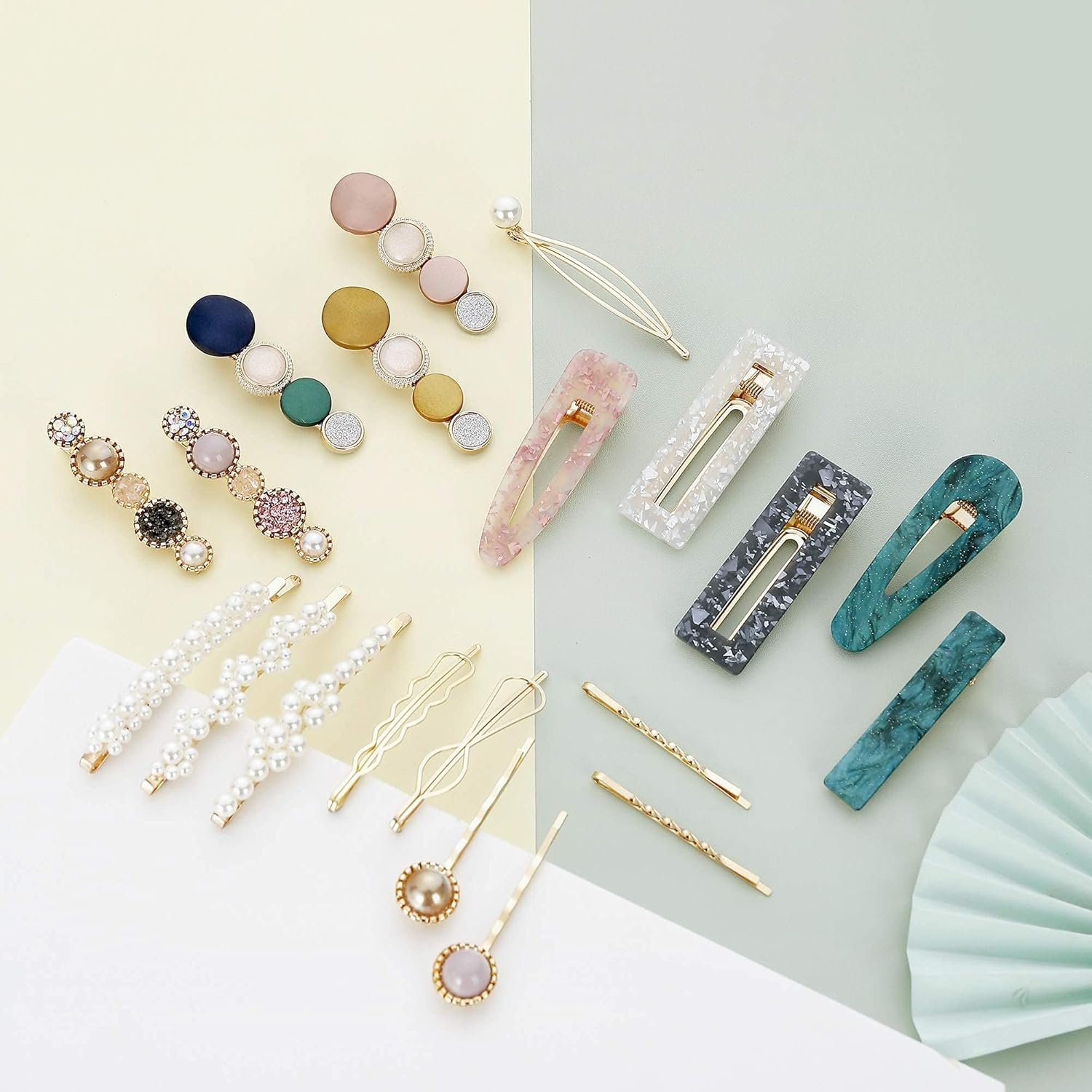 Mehayi 20 PCS Pearls and Acrylic Resin Hair Clips, Handmade Hair Barrettes, Marble Alligator Bobby Pins, Glitter Crystal Geometric Hairpin, Elegant Gold Hair Accessories, Gifts for Women Girls image number 6