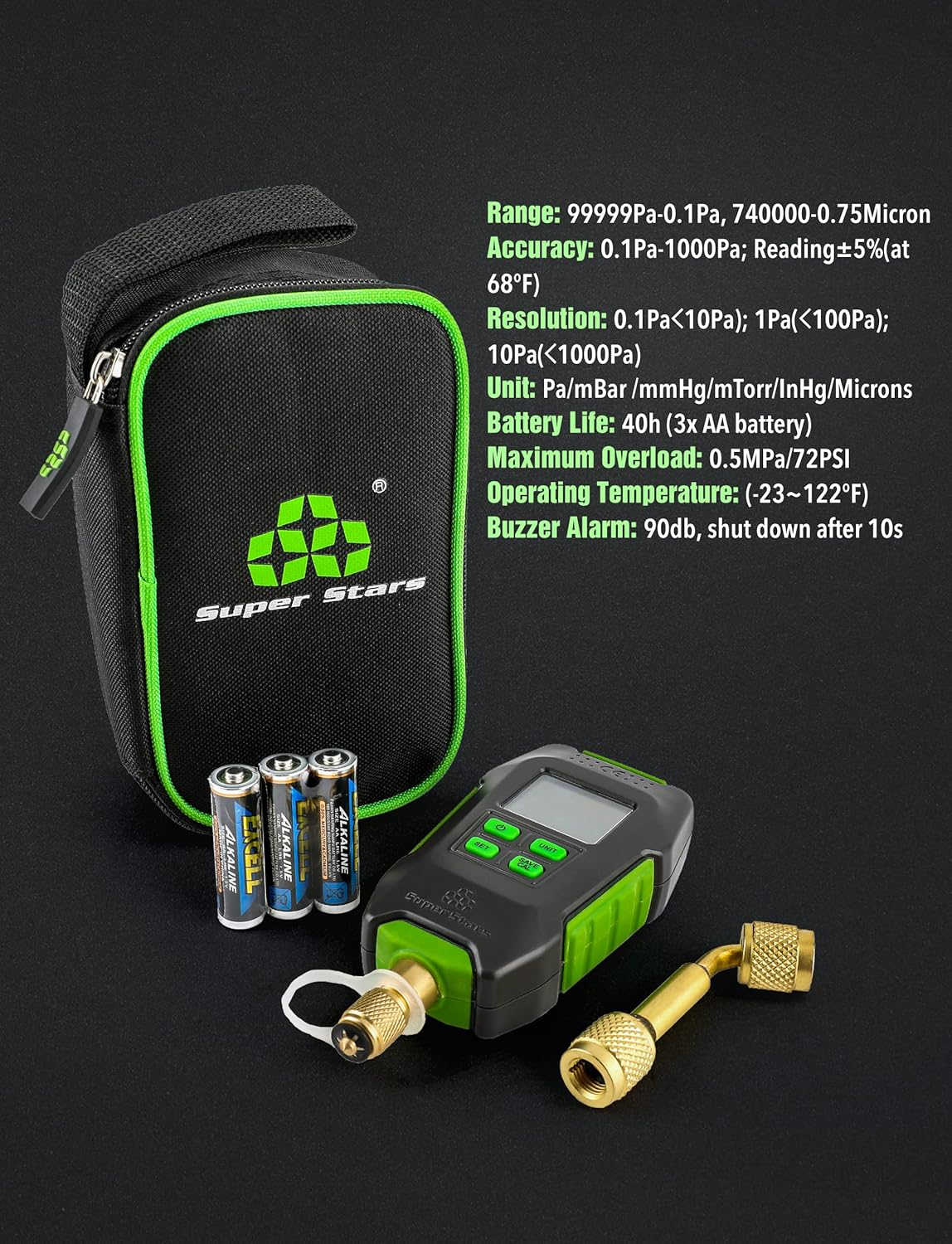 Digital Micron Vacuum Gauge 1/4" SAE, Digital Pressure Tester Meter HVAC, Alarm Notice, Temp Compensation, LCD Display, 4 Units image number 2