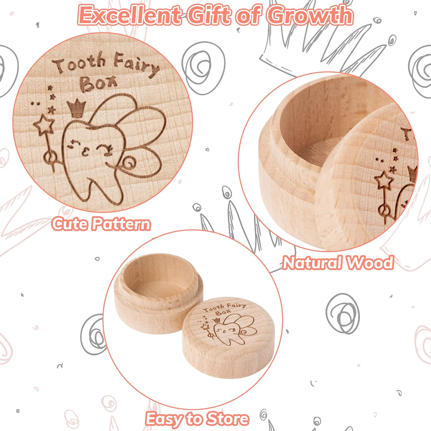 2Pcs Tooth Fairy Box for Girl Wooden Tooth Fairy Keepsake Box to Place under Pillow Milk Teeth Container Box Cute Lost Tooth Holder Baby Toddler Teeth Case for Baby Shower Birthday Gift image number 1