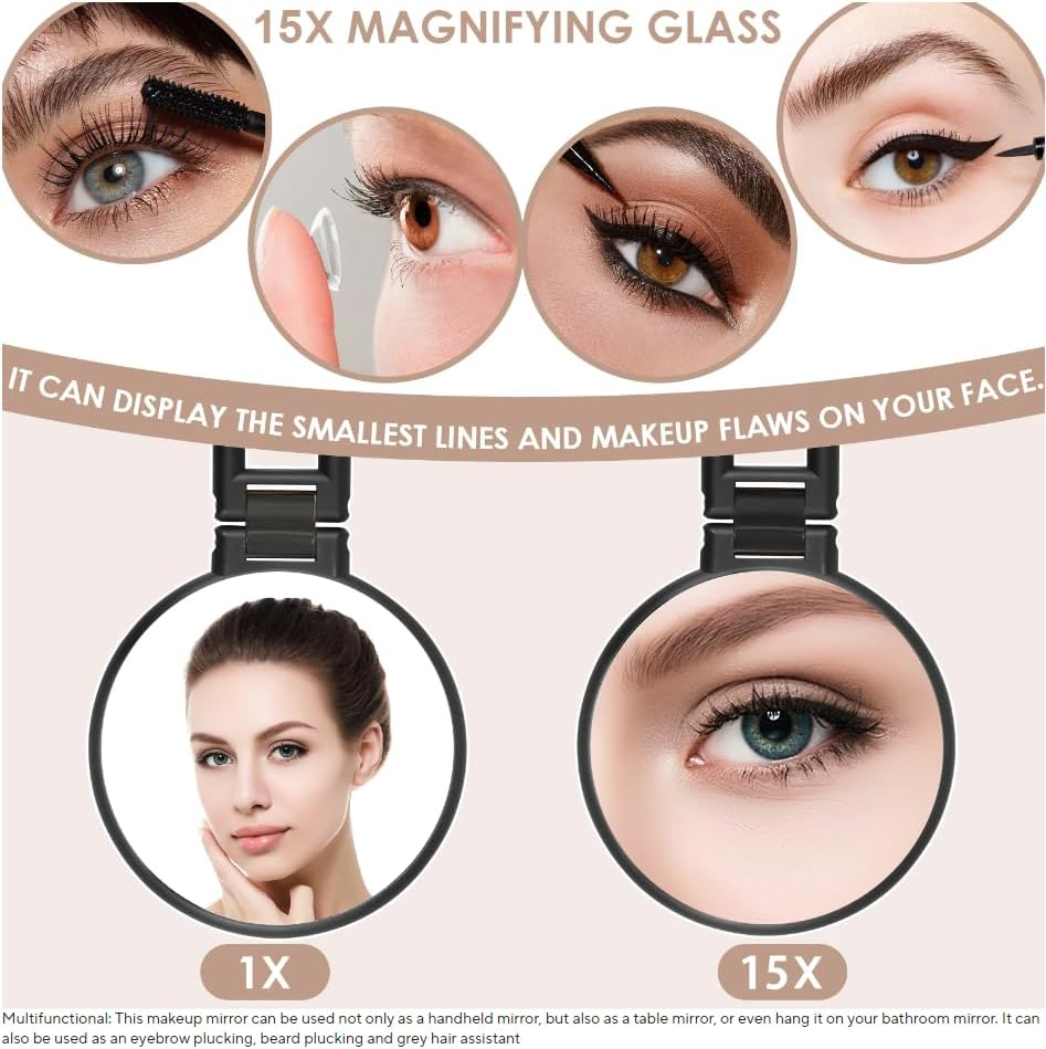 1X 15X Handheld Mirror with Handle for Travel， Magnifying Mirror, Rotation Adjustable Handle, Double Sided Folding, Mirror for Women for Eyes Makeup Travel Table Desk Shaving image number 3