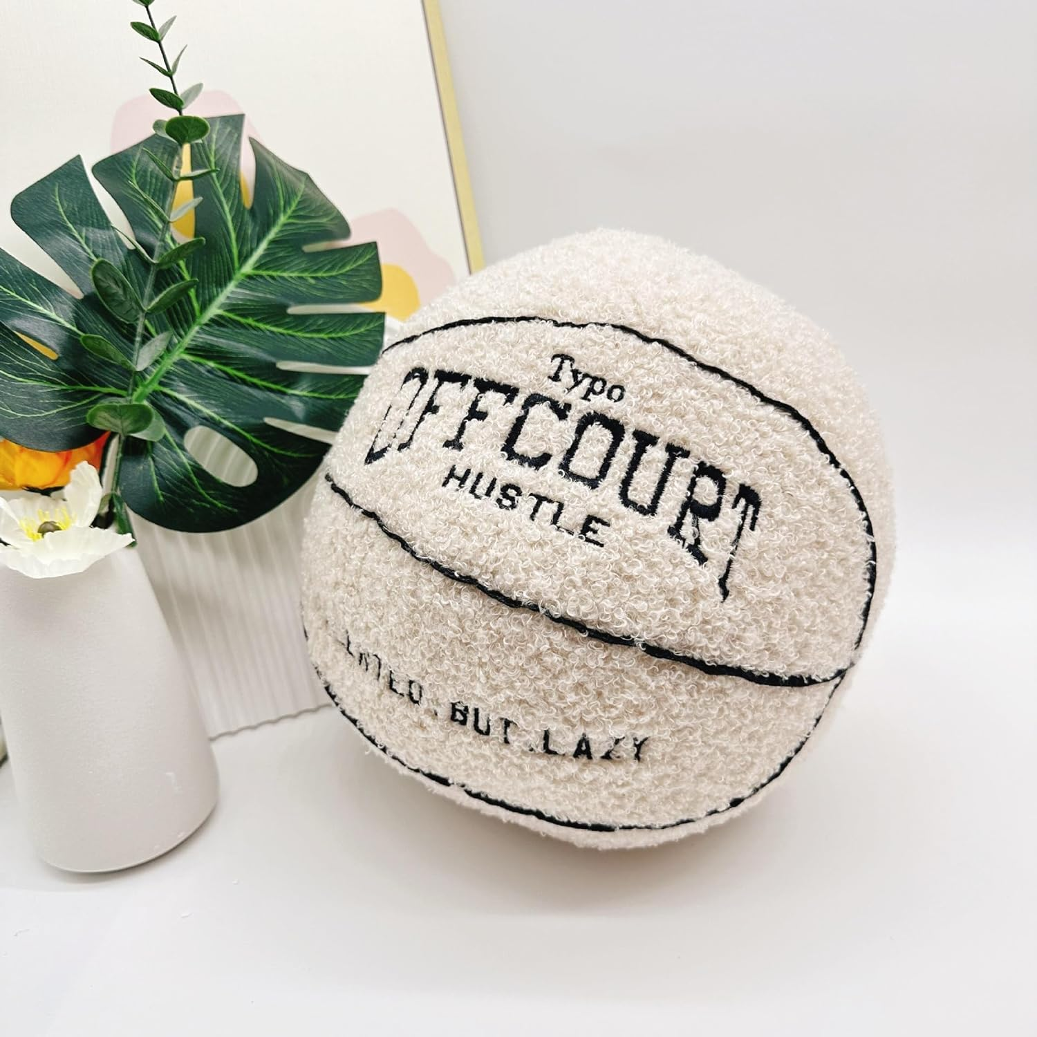 2023 New Offcourt Basketball Pillow, 11" Shaped Teddy Fleece Embroidered Throw Pillow, Fuzzy Plush Toy Gifts for Kids Boys Girls (Beige) - Black image number 2