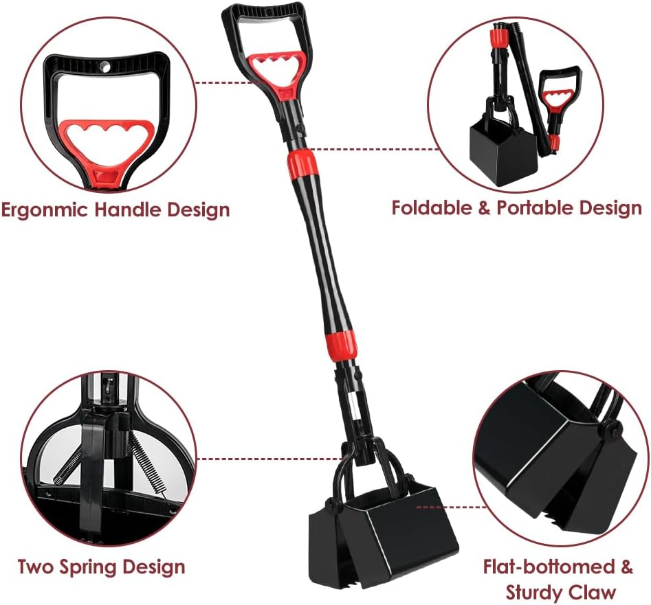 Nasjac Dog Pooper Scooper, 32'' Long Handle Foldable Pet Pooper Scooper Flat Bottom, Portable Poop Waste Pick up Rake with Durable Spring for Small Medium Large Dog Puppy (Length: 32"/81Cm, Red) image number 5