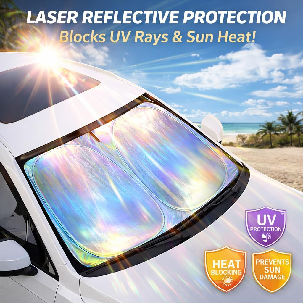 Magnelex Car Windshield Sunshade with Bonus Steering Wheel Sun Shade. Reflective Polyester Blocks Heat and Sun. Foldable Sun Shield That Keeps Your Vehicle Cool (XL 57X 35.4 In) image number 6