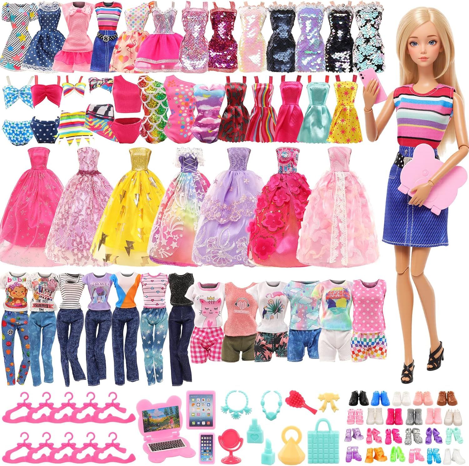 Barwa 59 Pcs Doll Accessories - 12 Fashion Dresses 3 Party Gowns 4 Outfits 3 Swimsuits Bikini with 37 Accessories for 11.5 Inch Dolls image number 4