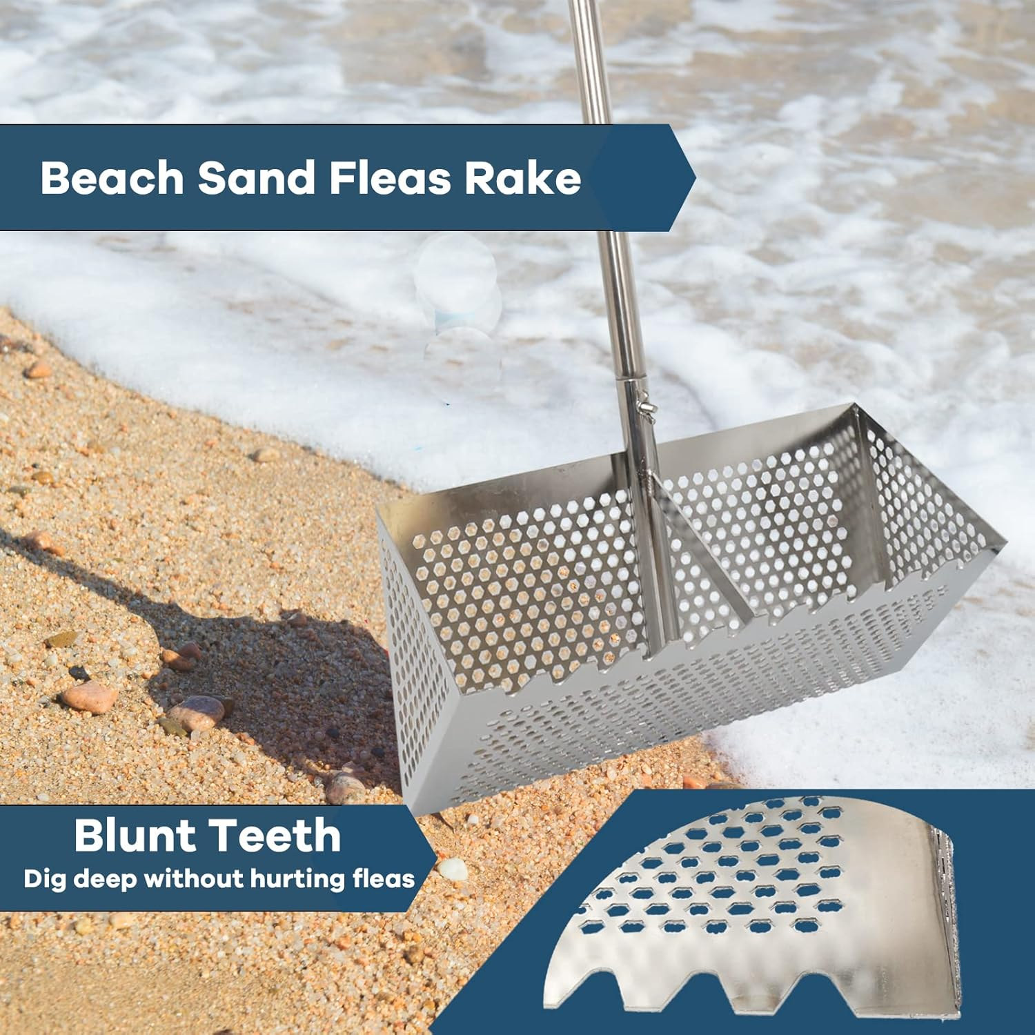 Sand Fleas Rake, Stainless Steel Sand Sifter, Detachable 47 Inches Long Handle, Collapsible Shark Tooth Sifter for Beach,Sand Crab Catcher with Foldable Pail . image number 5