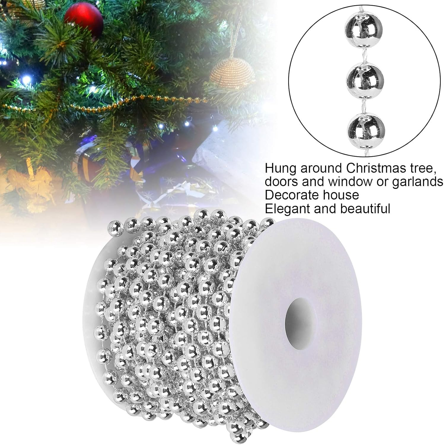 8Mm Silver Bead Hanging String, Silver Plastic Beads on String, Silvery Hanging Beads Garland for Christmas Decoration Wedding Party (10 Meter/Rollsilver) - Gold image number 6