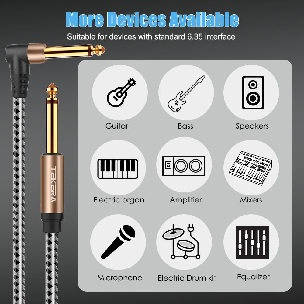 Guitar Cable, TEKERA Right Angle 1/4 Inch to 1/4 Inch TS Straight Male to Male 6.35Mm Mono Jack Cable 1.5M 3M 5M (3M) image number 1