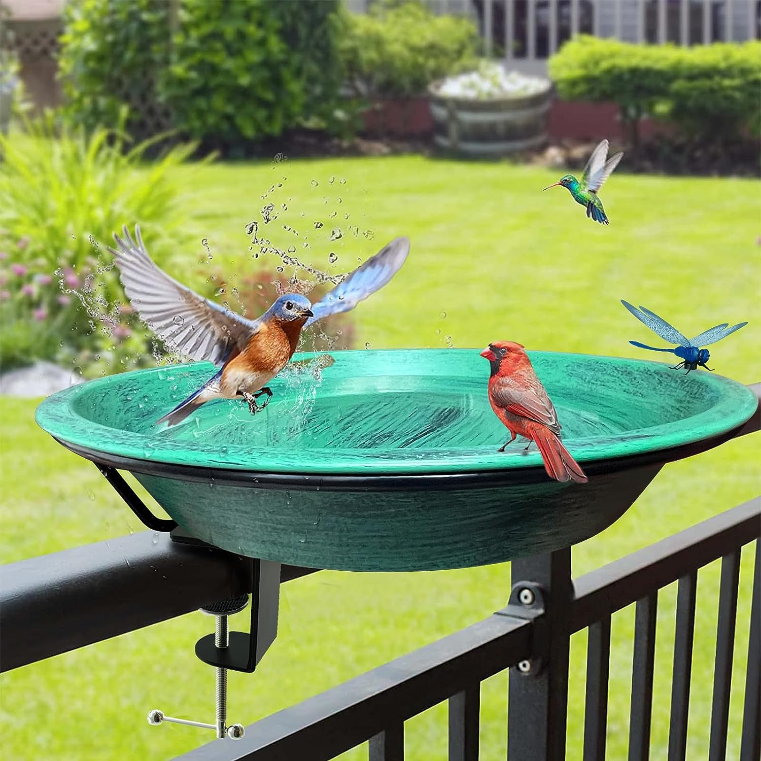 Deck Mounted Bird Bath for Outdoor, 11.5 Inch Metal Birdbath Bowl with Adjustable Steel Clamp, Antique Green Deck Bird Feeder for Railing Balcony Fence Yard Art Garden Decoration