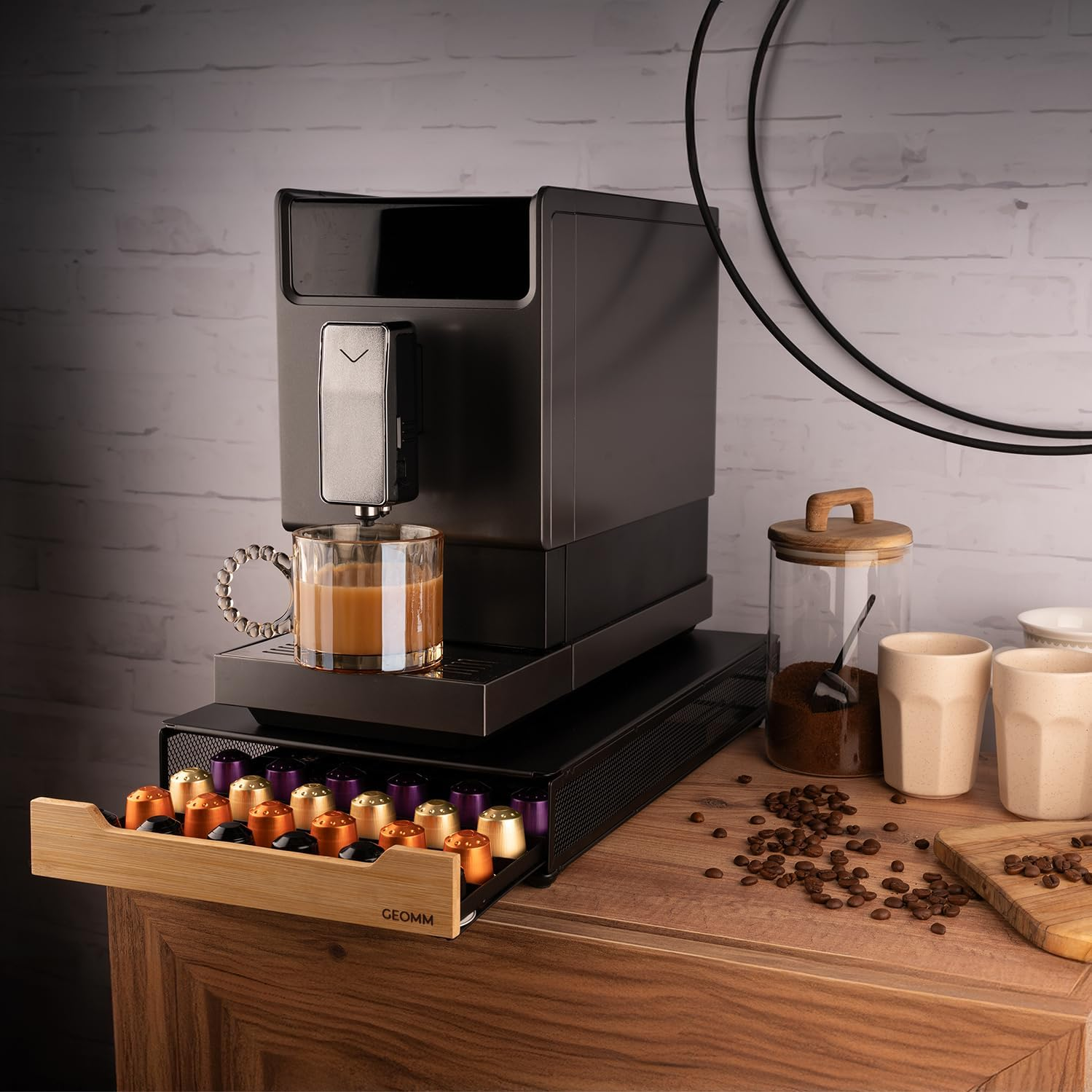 GEOMM Bamboo Storage Drawer for Nespresso Pods - 60 Capacity Metal Coffee Capsule Holder, Tea Organiser Tray - Coffee Machine Accessories image number 4