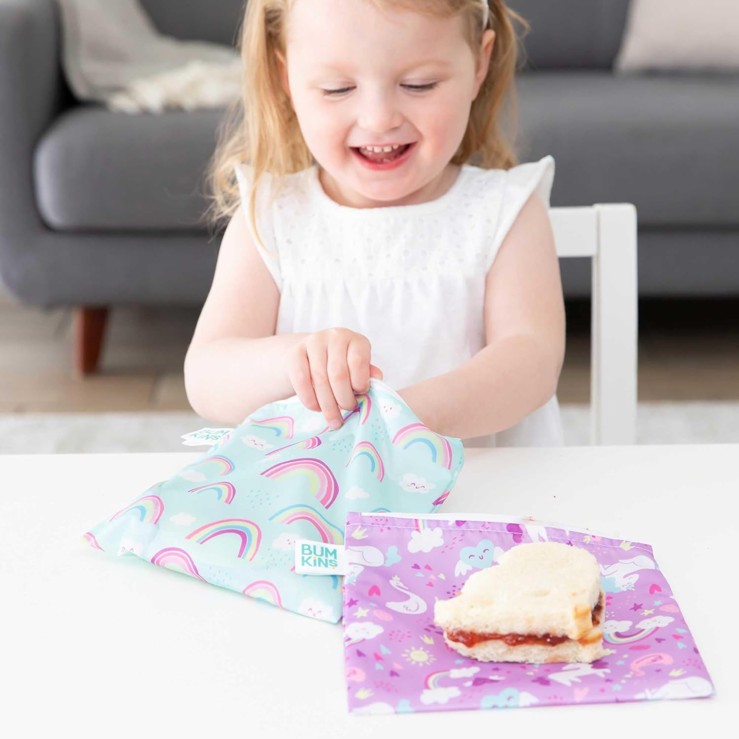 Bumkins Sandwich Bag/Snack Bag, Reusable Fabric, Washable, Food Safe, BPA Free, 7X7 - Rainbows & Unicorns (2-Pack)