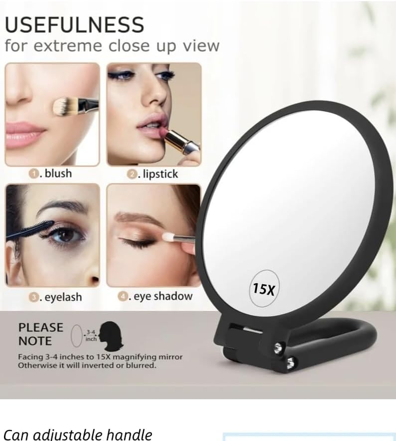 1X 15X Handheld Mirror with Handle for Travel， Magnifying Mirror, Rotation Adjustable Handle, Double Sided Folding, Mirror for Women for Eyes Makeup Travel Table Desk Shaving image number 1