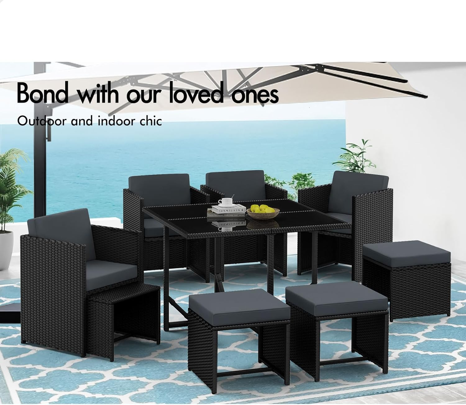 ALFORDSON 9Pcs Outdoor Dining Set Patio Furniture Garden Armchair, PE Wicker Rattan Lounge Chair and Glass Top Table with Steel Frame & Cushions, Uv-Resistant Conversation Sofa Set with Storage Cover image number 3