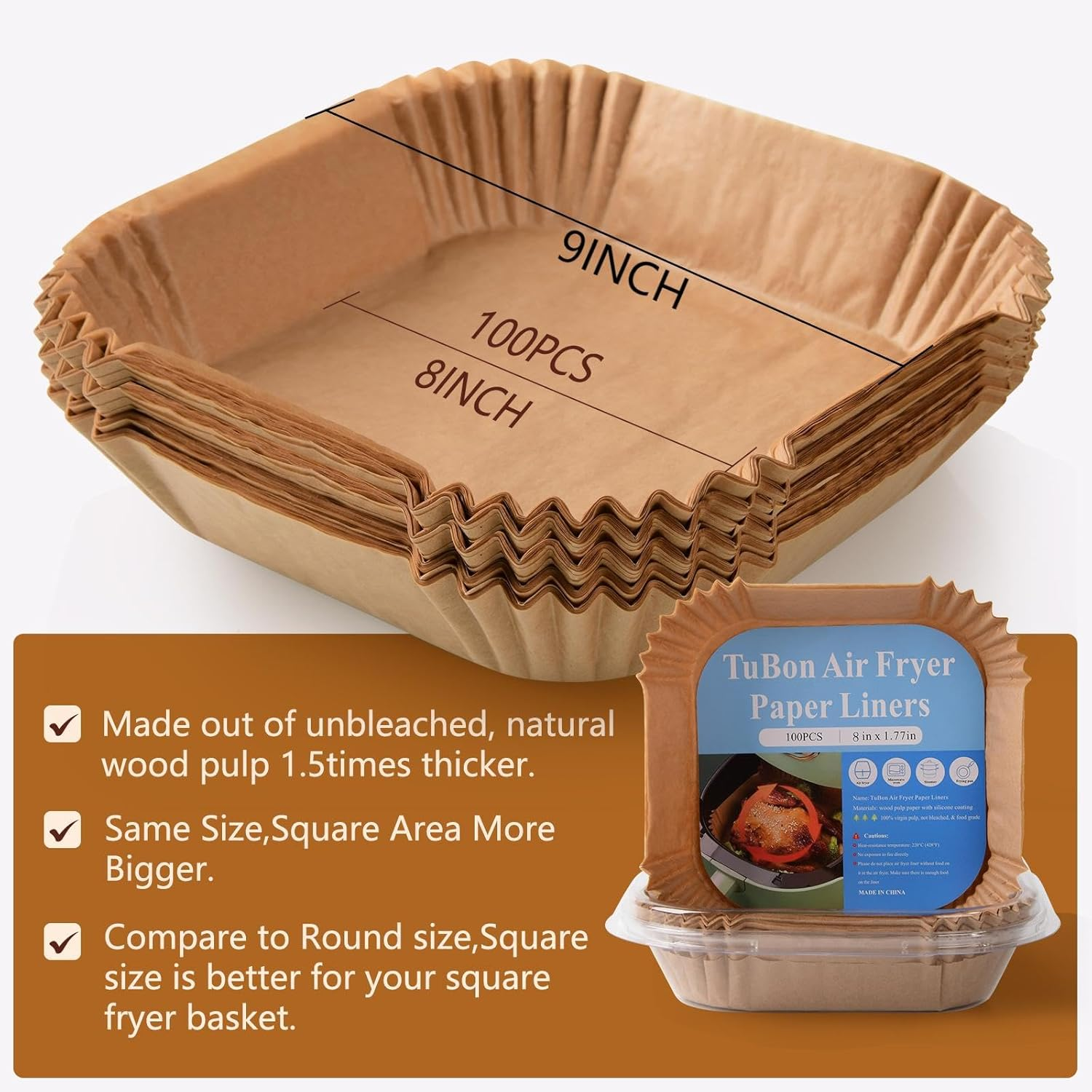 Tubon Air Fryer Paper Liners: Top 9 Inch, Bottom 8Inch Disposable Air Fryer Liners, 100PCS Oil-Proof, Water-Proof Square Air Fryer Accessories, Food Grade Non-Stick Parchment Paper image number 2