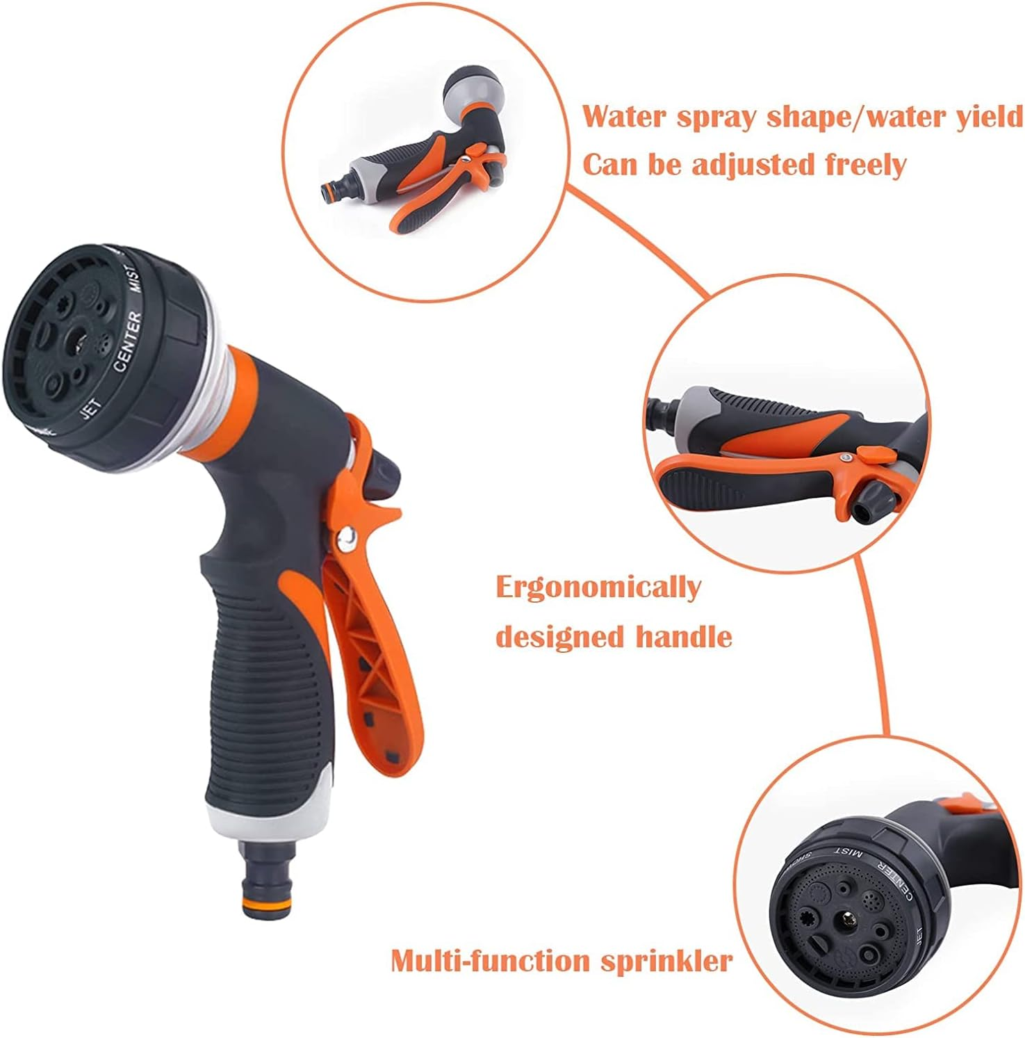 Garden Hose Nozzle, 8 Watering Patterns, High Pressure, Metal Body, Plastic and Rubber, Threaded Connection, 2 Ports, Ideal for Lawn, Garden, Car Washing, Pets image number 3