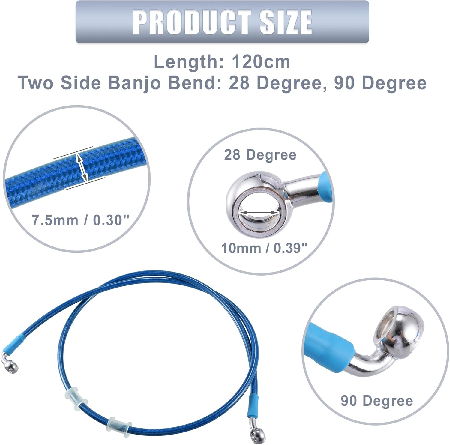 X AUTOHAUX 120Cm AN3 M10 Car Hydraulic Brake Line Oil Hose Pipe Fitting 28&deg; 90&deg; Stainless Steel for Car Motorcycle Dirt Racing Bike Blue