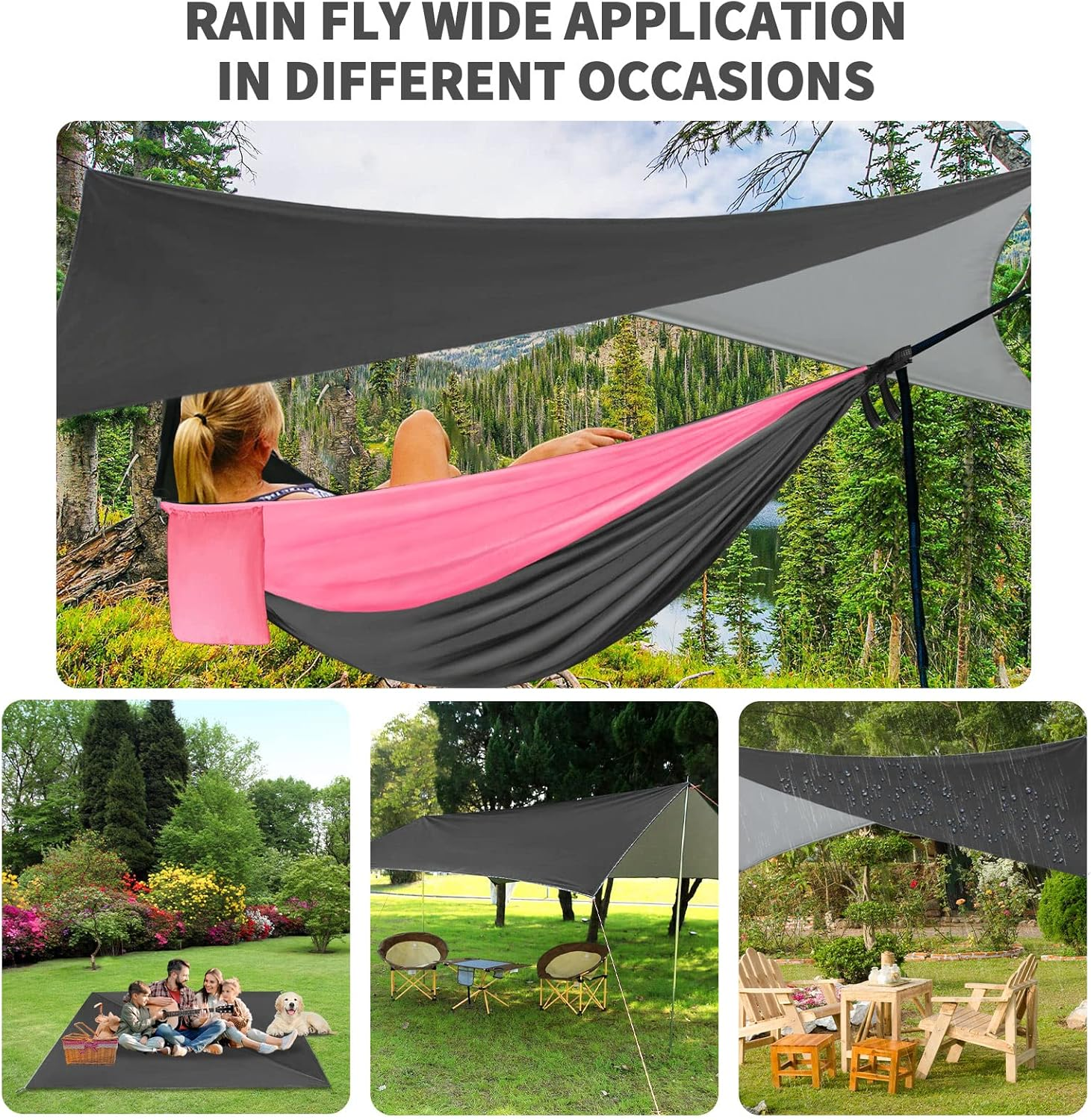Camping Hammock Pink Grey Hammocks with Mosquito Net Tent and Rain Fly Tarp Portable Single & Double Nylon Parachute Hammock with Heavy Duty Tree Strap Outdoor Backpacking Survival Travel - Blue image number 5
