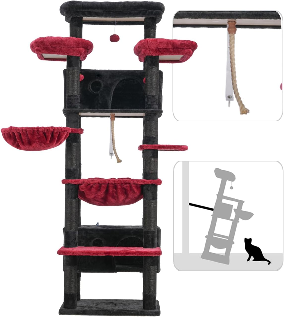 Cat Tree for Indoor Cats Large Adult, 188Cm Cat Tower for with 3 Big Platforms, 2 Baskets, 2 Condos, Multi-Level Cat Scratching Posts, Black and Red GCT030BR - Light Gray image number 7
