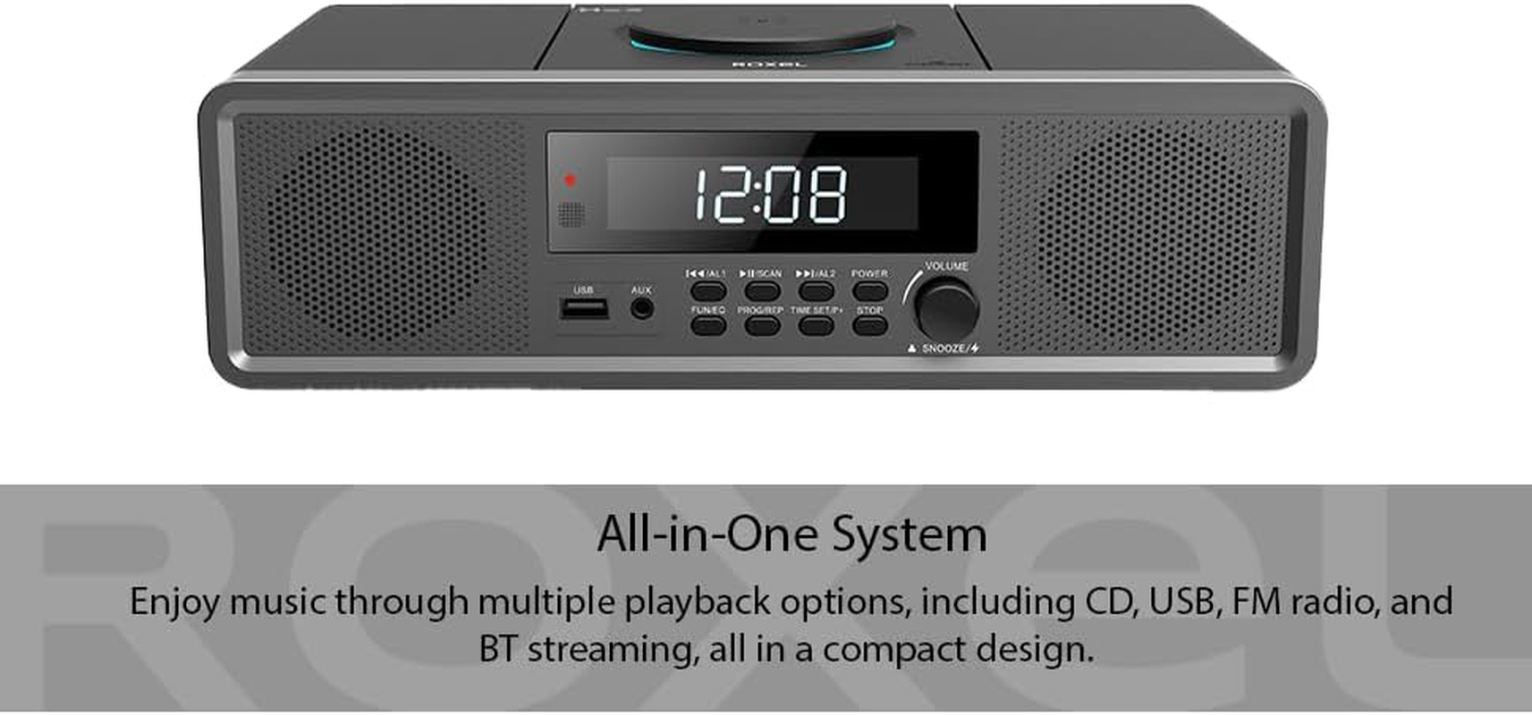 Roxel RCD-330BT All-In-One Compact Mini System with CD Player, USB Playback, FM Radio, BT Streaming, Headphone Jack and Wireless Phone Charging image number 3