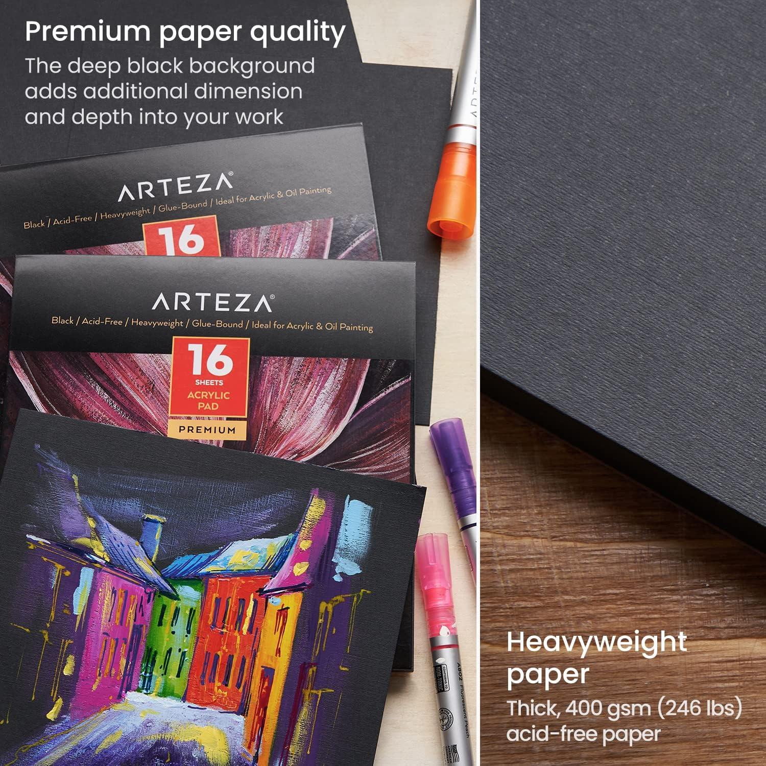 Arteza Black Acrylic Sketchbook, Pack of 2, 6 X 6 Inches, 16 Sheets Each, 246-Lb Painting Pad, Art Supplies for Acrylic and Oil Painting, Drawing and Sketching image number 6