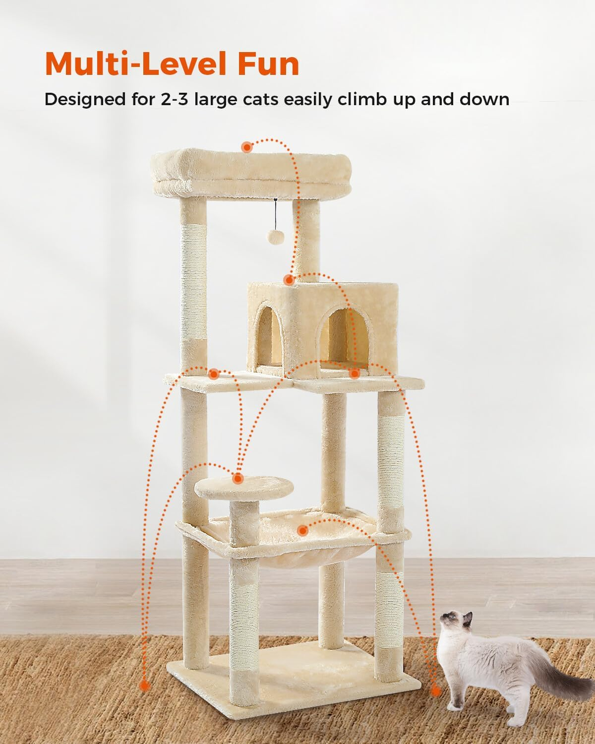 PAWZ Road Cat Tree 143Cm Cat Scratching Post Multi-Level Play Tower with a Large Hammock and Top Perch Home Pet Furniture Beige image number 3
