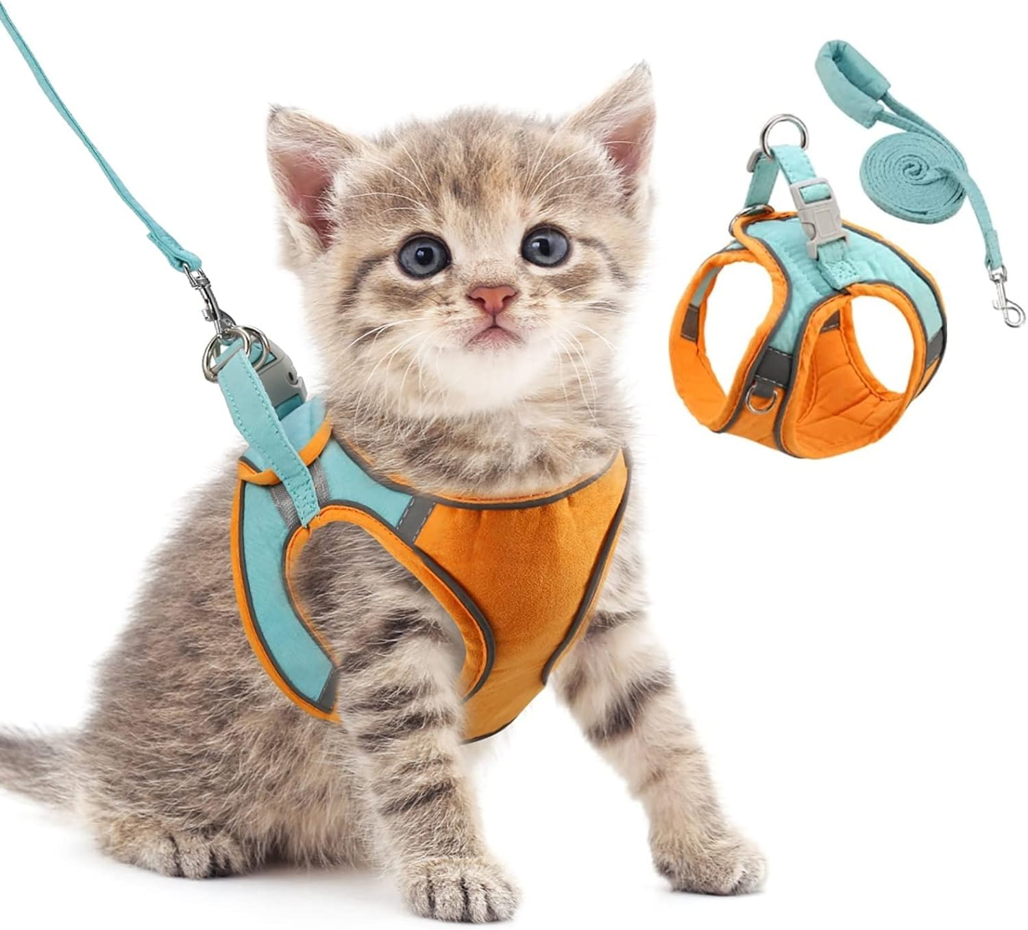 ORIA Pet Harness and Leash Set, Adjustable Dog Harness Cat Harness, Breathable Pet Vest, Reflective Strips Jacket for Walking, for Small Kitten, Puppy -Orange & Blue, XXS image number 2