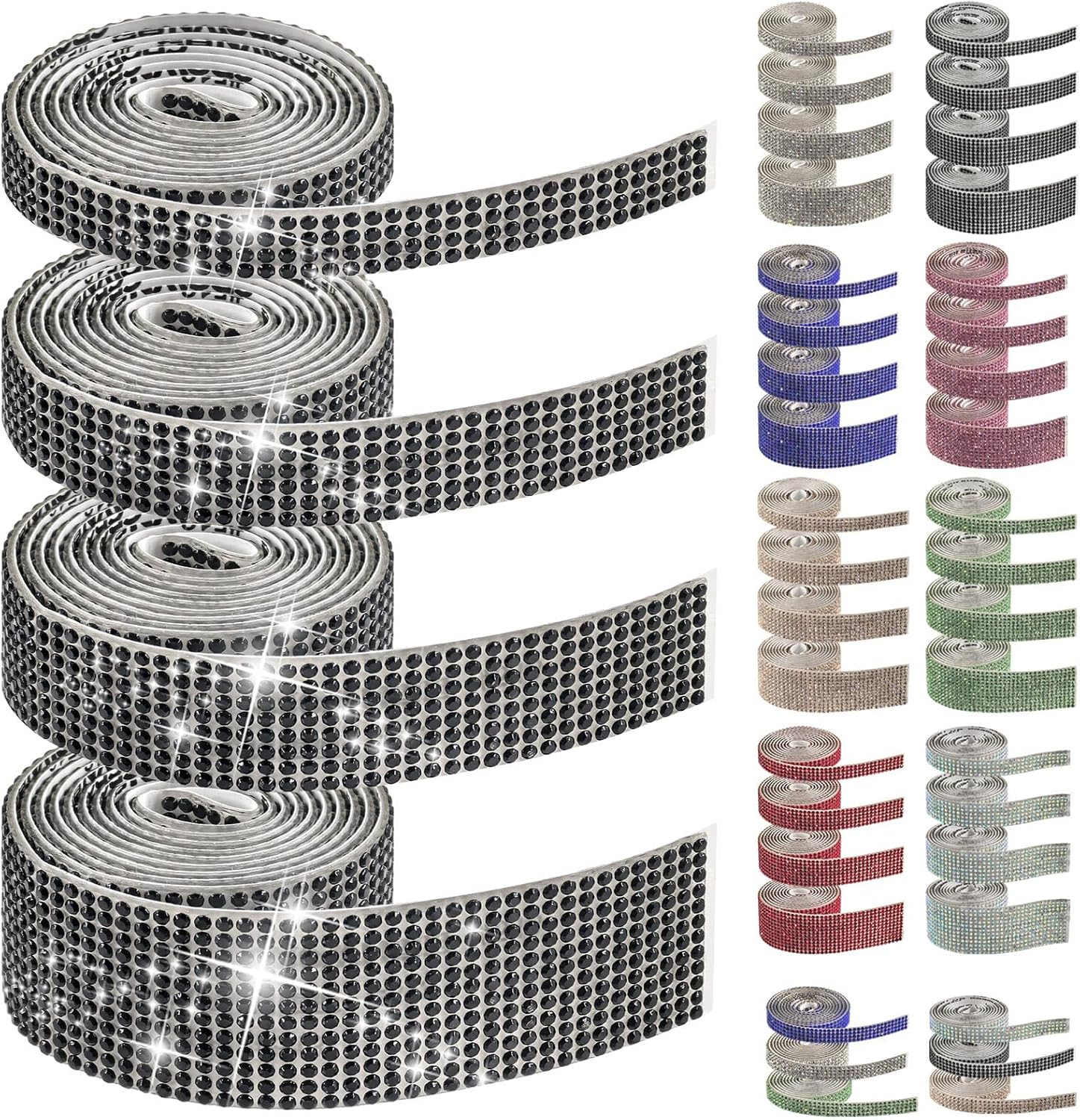 Swpeet 4 Rolls 4 Sizes Royal Blue Self Adhesive Rhinestone Ribbons Strips, Bling Crystal Rhinestone Diamond Ribbons Stickers, Rhinestone Tape Wrap, Diamond Rhinestone Roll for Crafts Phone Decoration