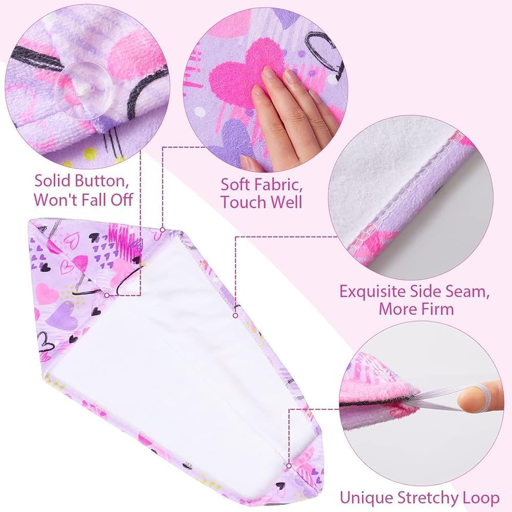 2 Pack Microfiber Hair Drying Towels Quick Dry Anti-Frizz Head Turban with Button Wet Hair Towel Wrap Turban for Long Thick & Curly Kids Girls Women,Super Absorbent Soft (Pink & Blue Love) image number 2