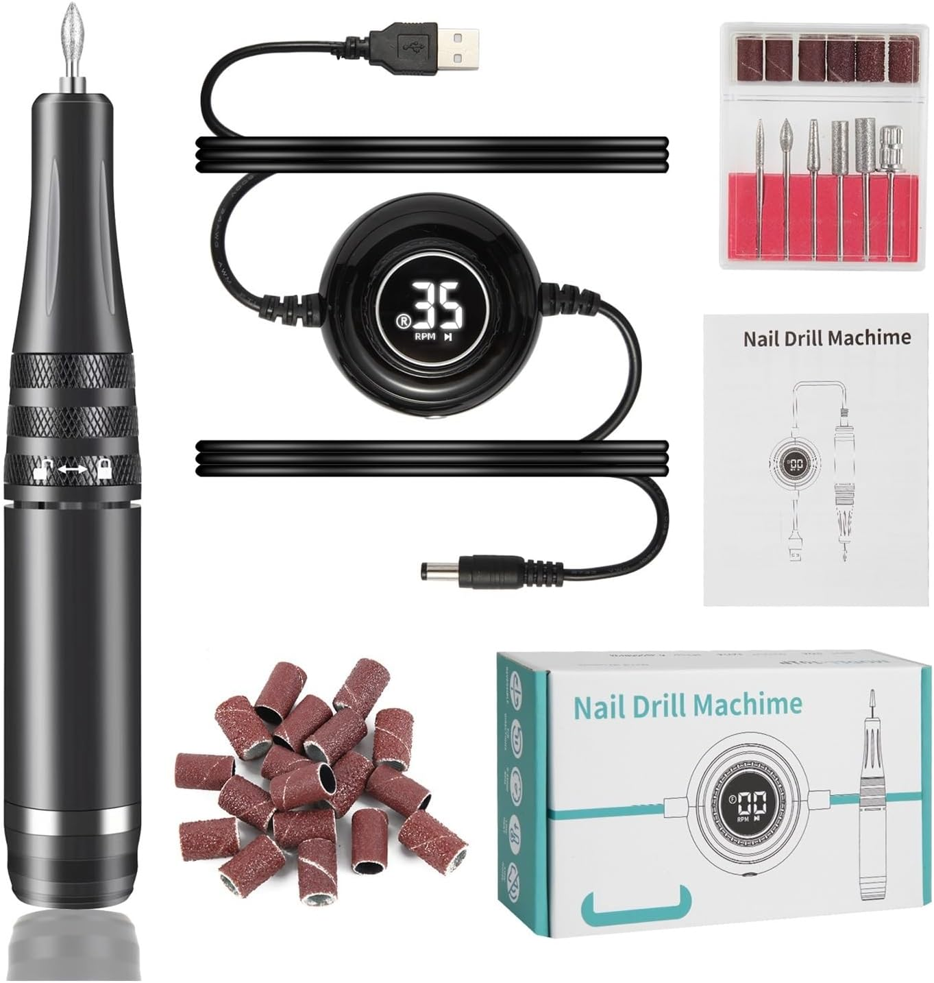 Nail File Electric, Nail Drill Machine 35000RPM Electric Manicure Machine Pedicure Manicure Drill Set Milling Cutters Set Nail File Equipment Tools(Black) image number 4