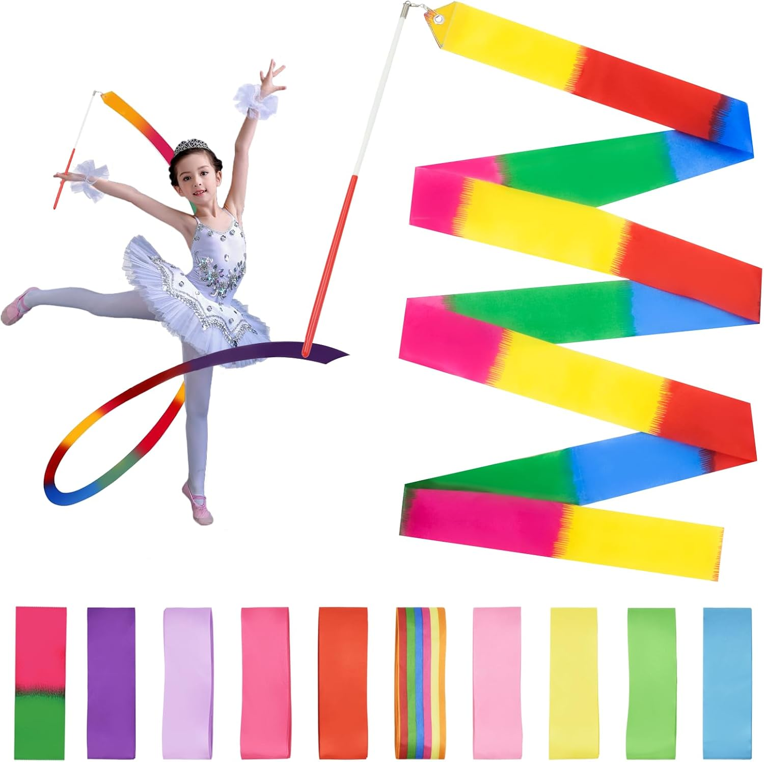 10 Pieces 2 Metre Art Gymnastics Rhythmic Band Swirling Baton Bar, Gym Dance Ribbon Wall Streamer and Stick for Children, Rainbow