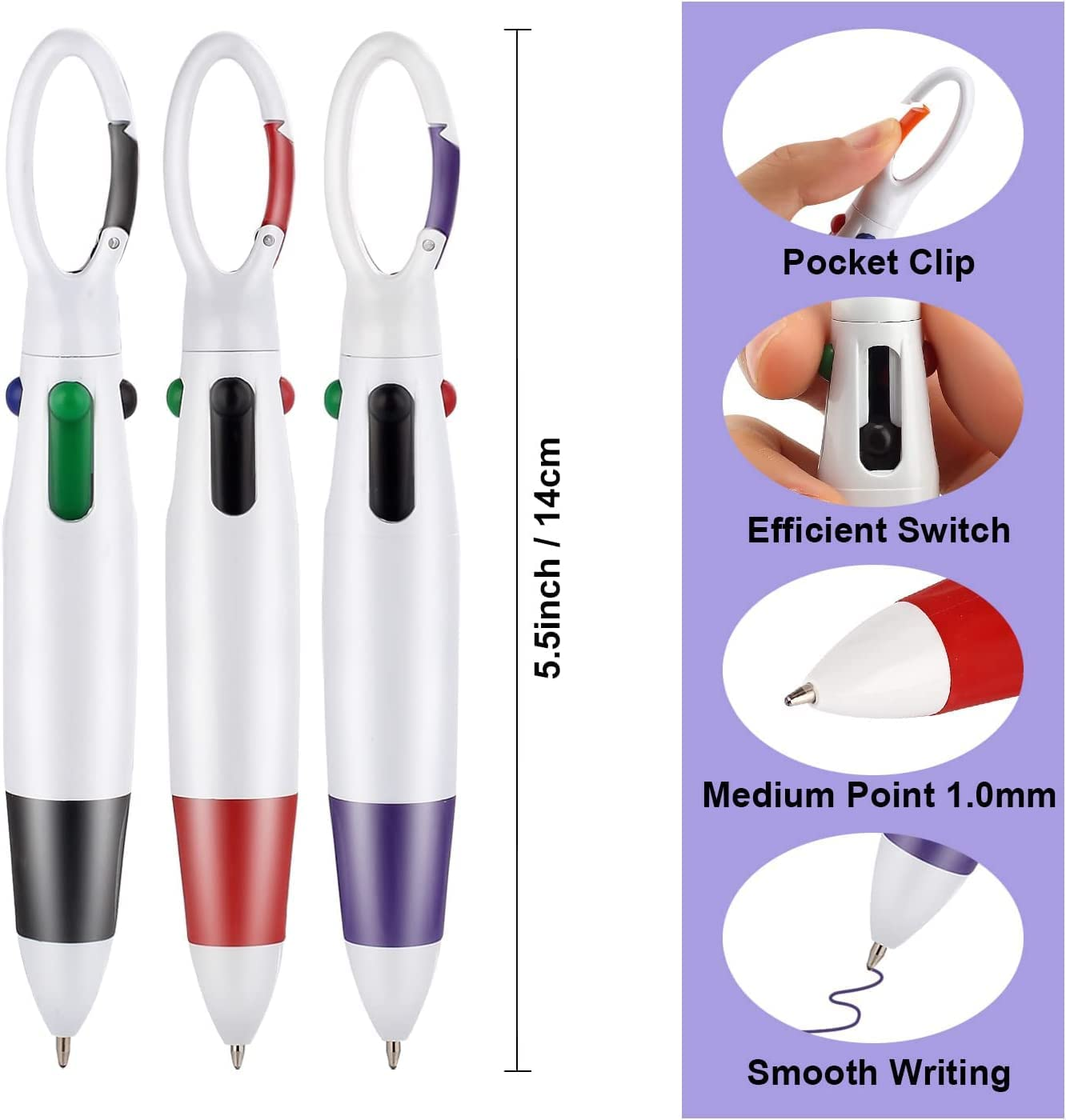 Retractable Shuttle Pens, 4 Count 4-In-1 Multicolor Ballpoint Pens 1.0Mm Retractable Pen with Carabiner Clip Ballpoint Gift Pens for Office School Supplies Students Adults Nurses image number 3