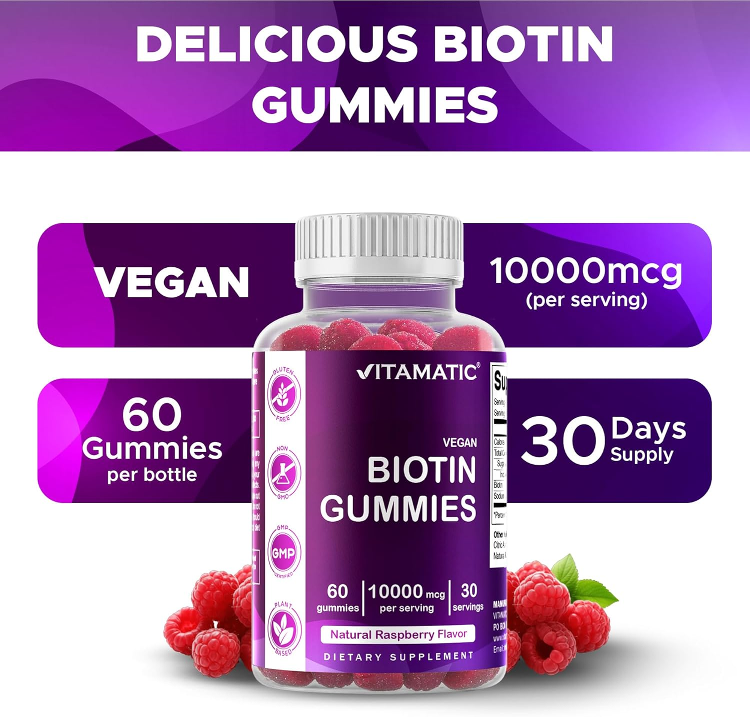 Vitamatic Biotin Gummies 10,000 Mcg for Stronger Hair, Skin & Nails - 60 Vegan Gummies - Also Called Vitamin B7 image number 5
