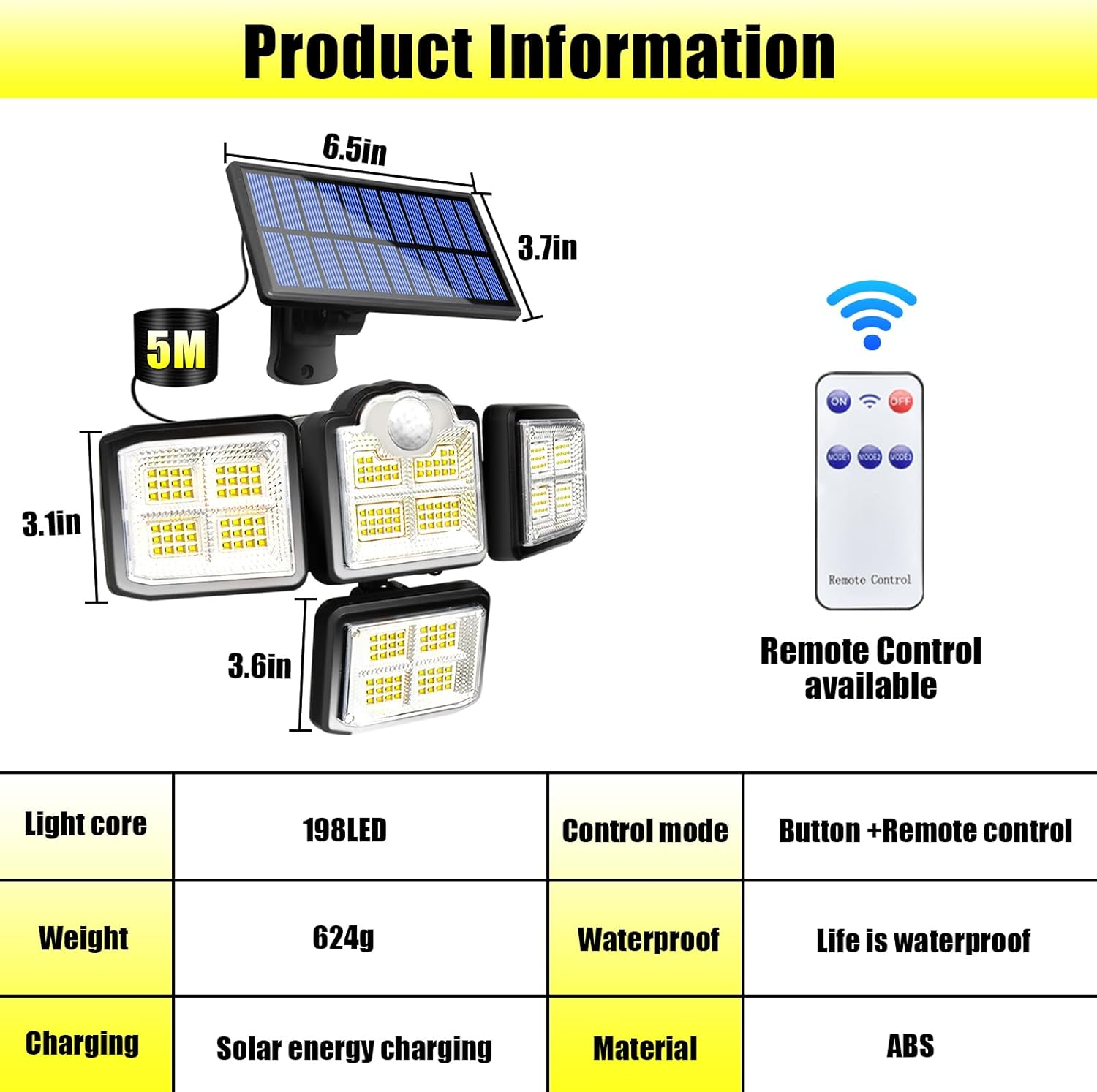 Outdoor Solar Motion Sensor Lights - 2Pcs 288 LED Solar Flood Light 3500LM 7000K with 5M Cord for outside Security Lighting - IP65 Waterproof and Remote Control for Yard, Garage, Garden (2-Pack) image number 1