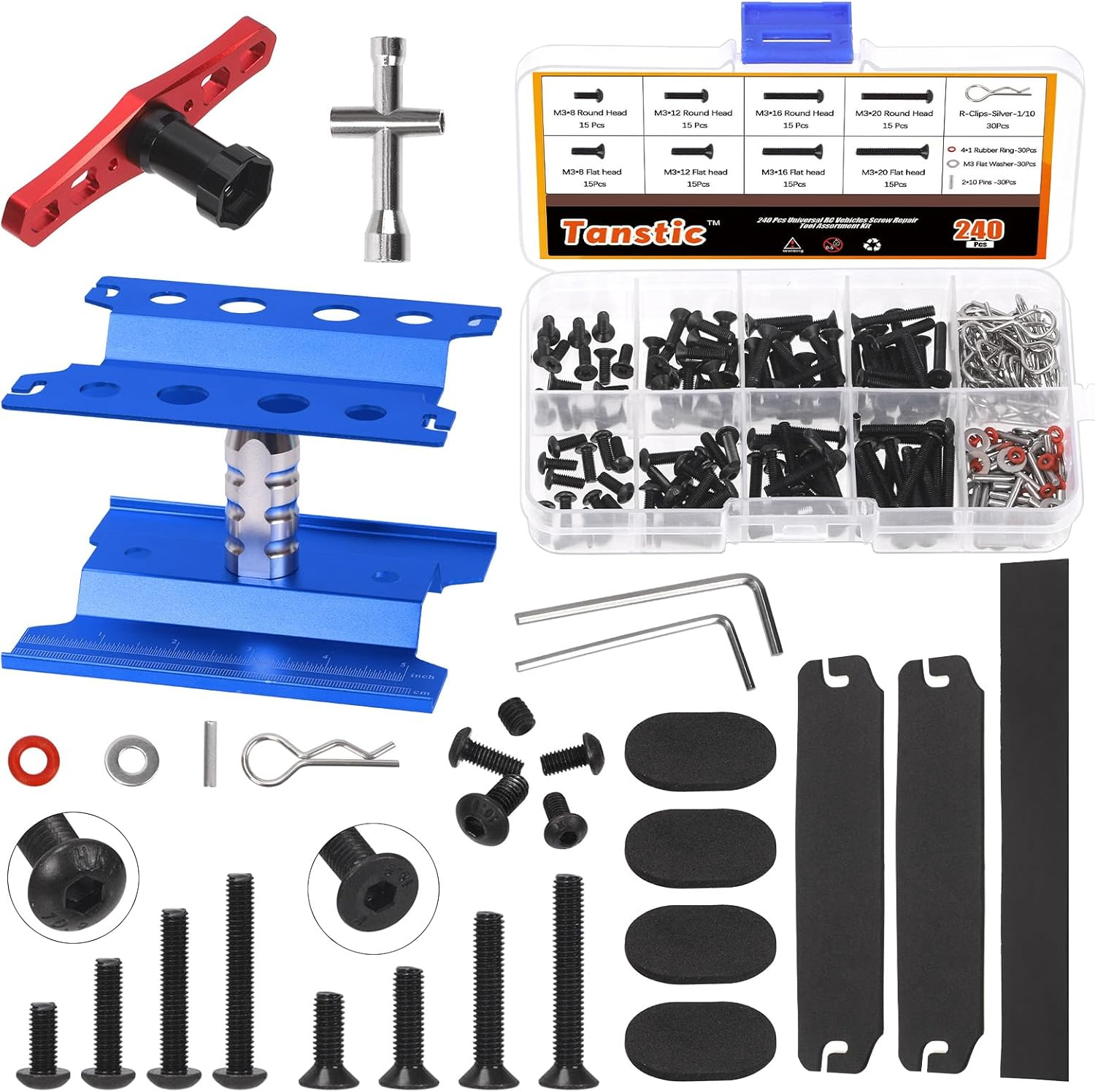 Tanstic 245Pcs Aluminum Alloy RC Car Repair Work Stand with RC Screws Kit, 360 Degree Rotation Lift/Lower RC Car Work Stand Repair Workstation for 1/8 1/10 1/12 Scale RC Cars Trucks image number 6