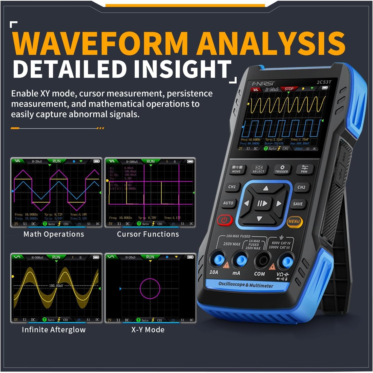 2C53T 3-In-1 Handheld Oscilloscope Multimeter DDS Generator, 2 Channel, 50Mhz Bandwidth, 250Msa/S Sampling Rate, 20,000 Calculations, Voltage, Current, Capacitance, Resistance, 2* P6100 Probes image number 4