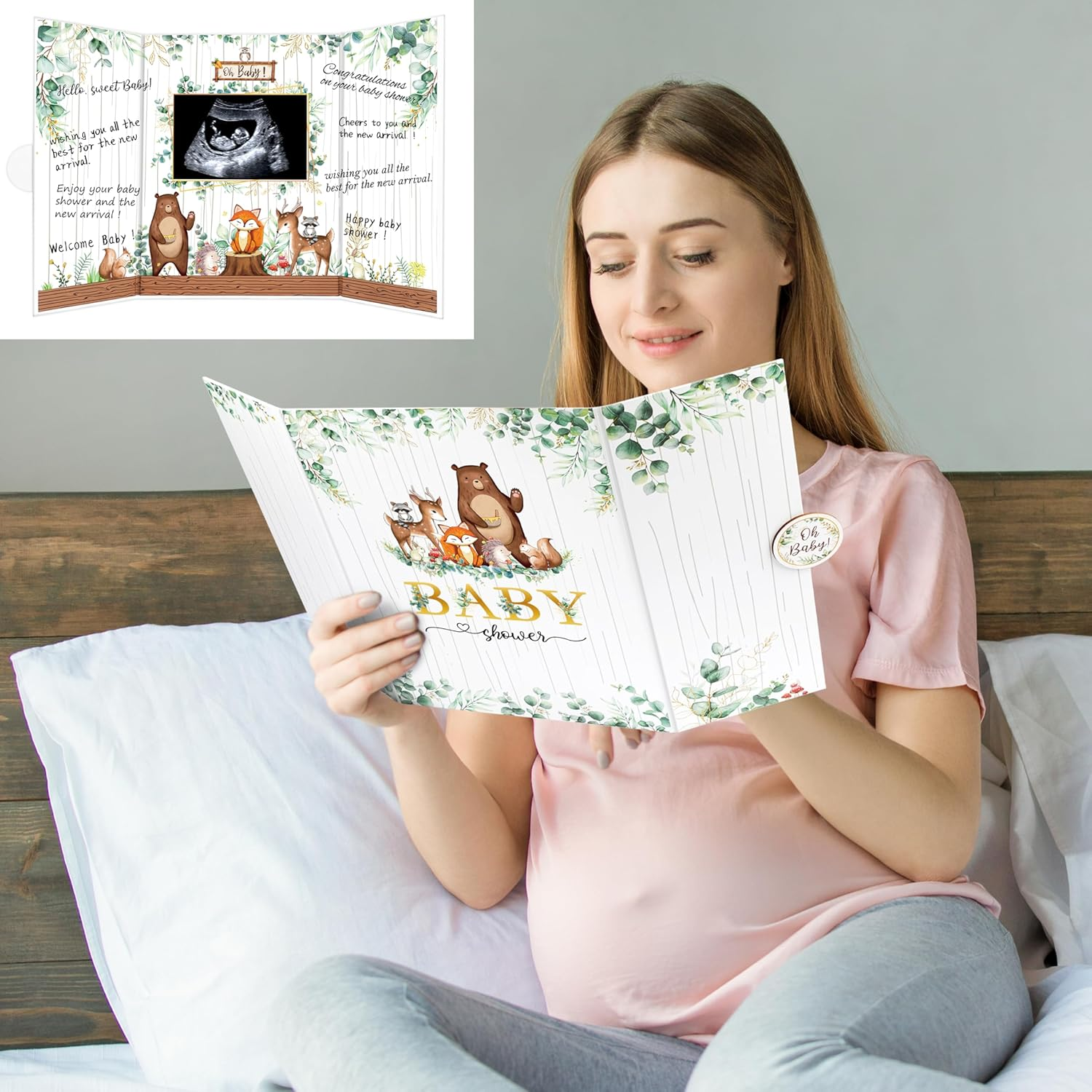 BORAMDO Woodland Animal Baby Shower Guest Book Alternative Safari-Themed Signature Book with Animal Designs Oh Baby Shower Keepsake Memory Book Green White Party Decor